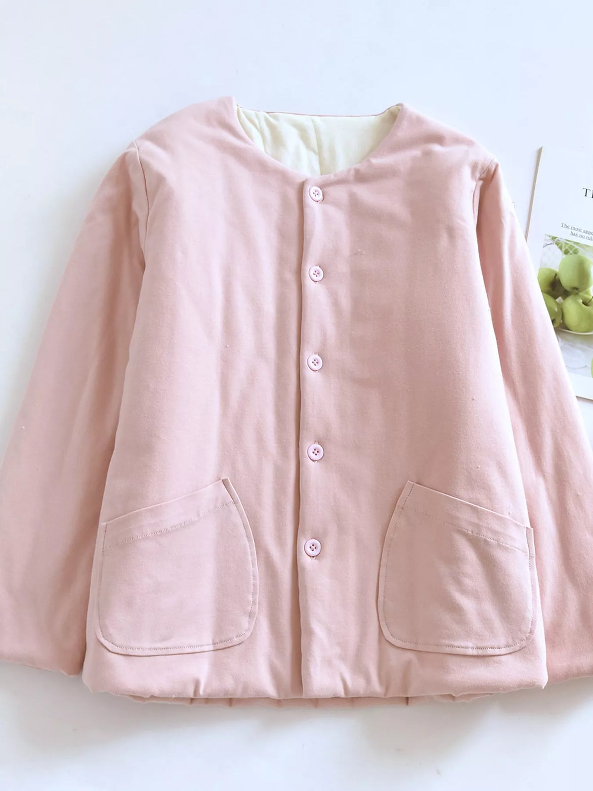 Quilted Crewneck Button-Down Jacket — garment front