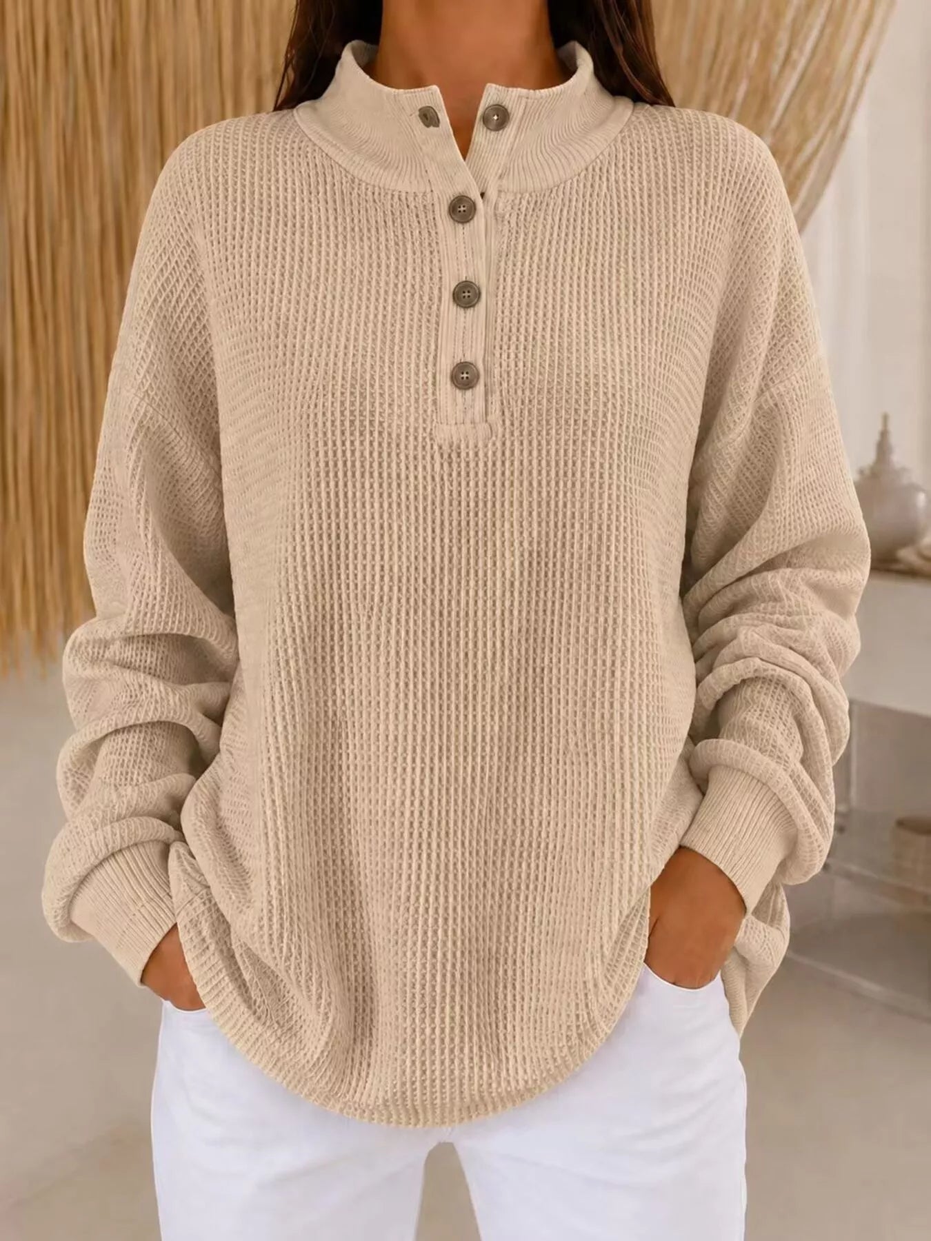 Trendsi Full Size Waffle Knit Button Detail Sweatshirt Plus Size -