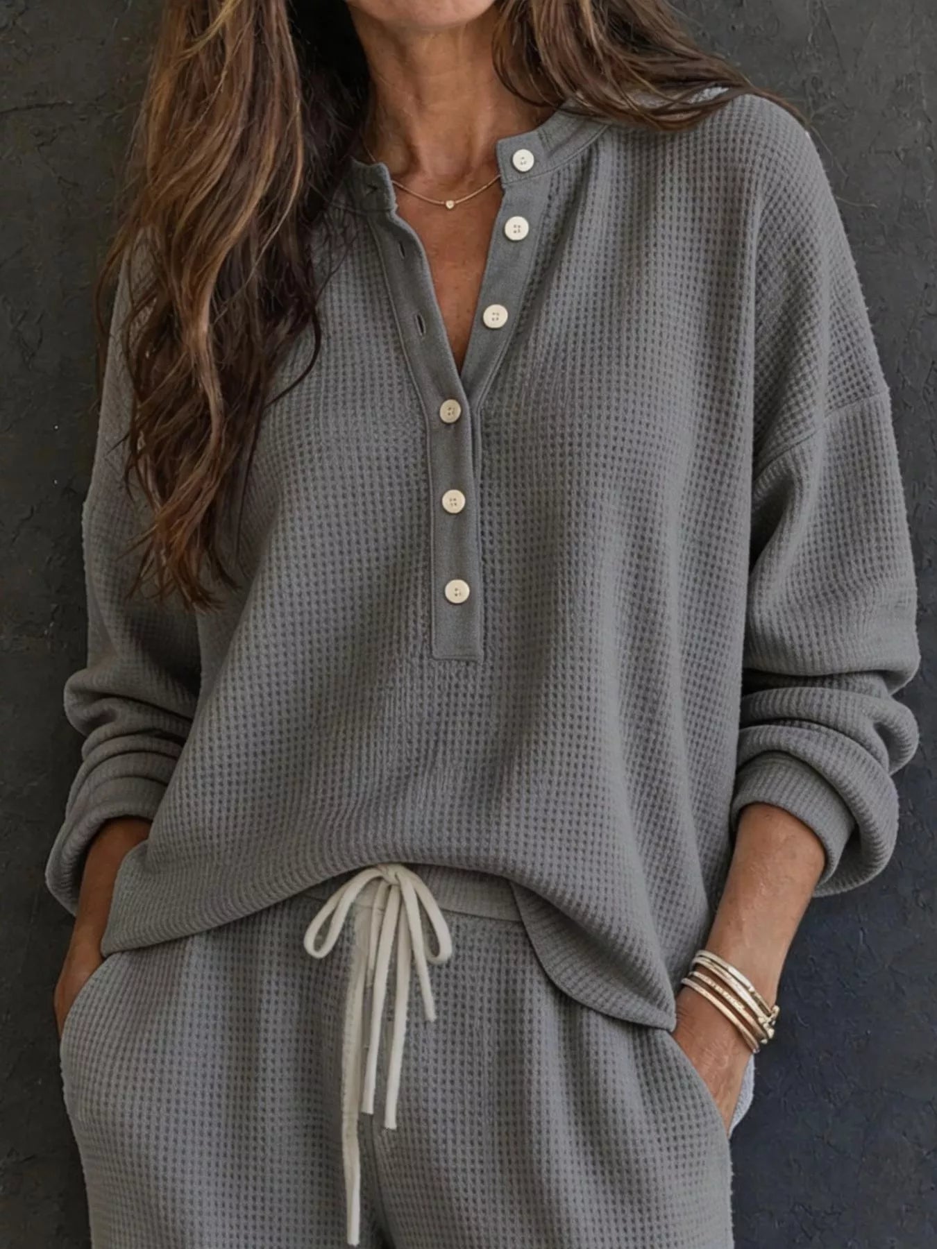 Trendsi Waffle Knit Henley Top and Wide Leg Pants Set -