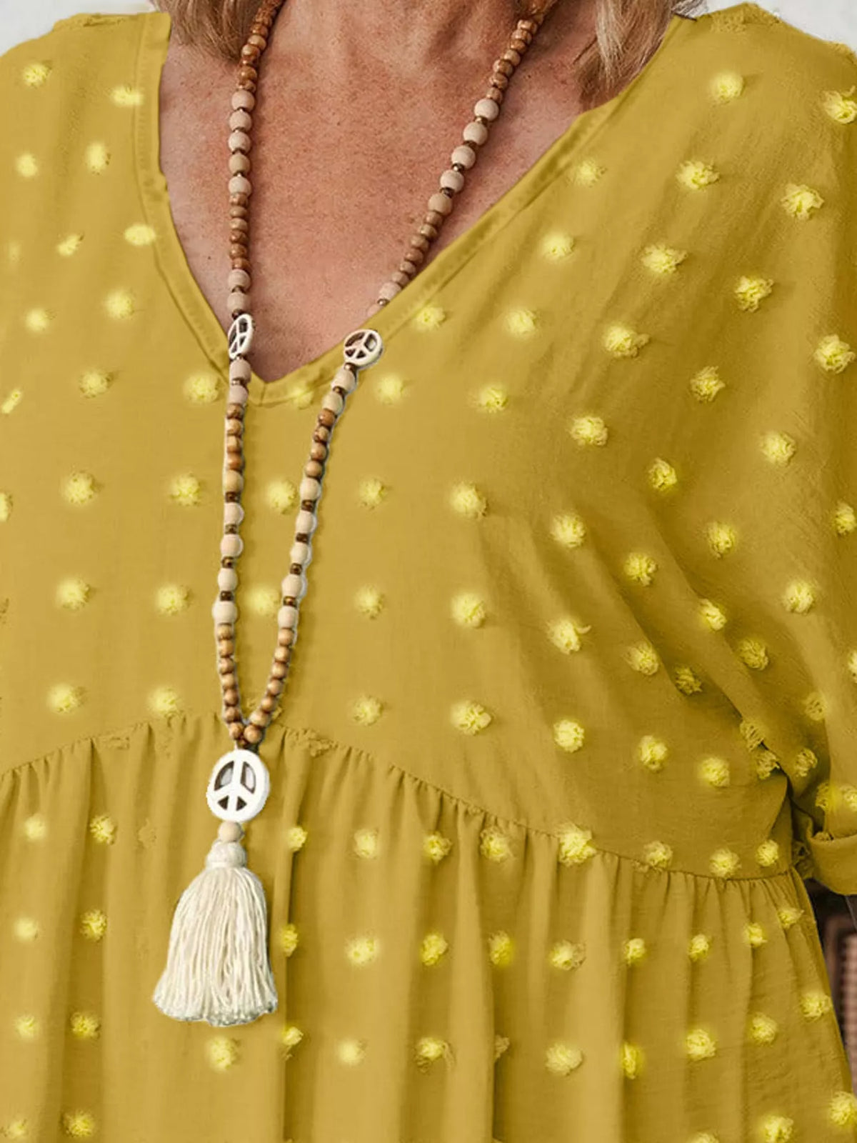 Swiss-dot blouse, yellow neckline detail