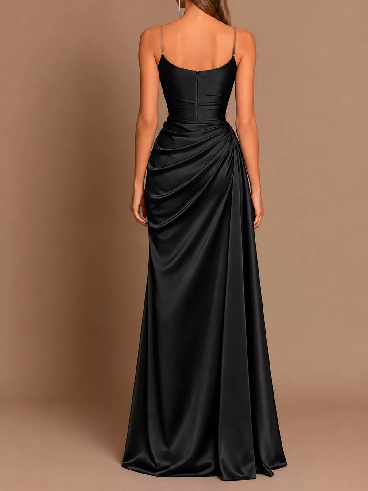 Black satin cowl neck high slit evening maxi dress, back view