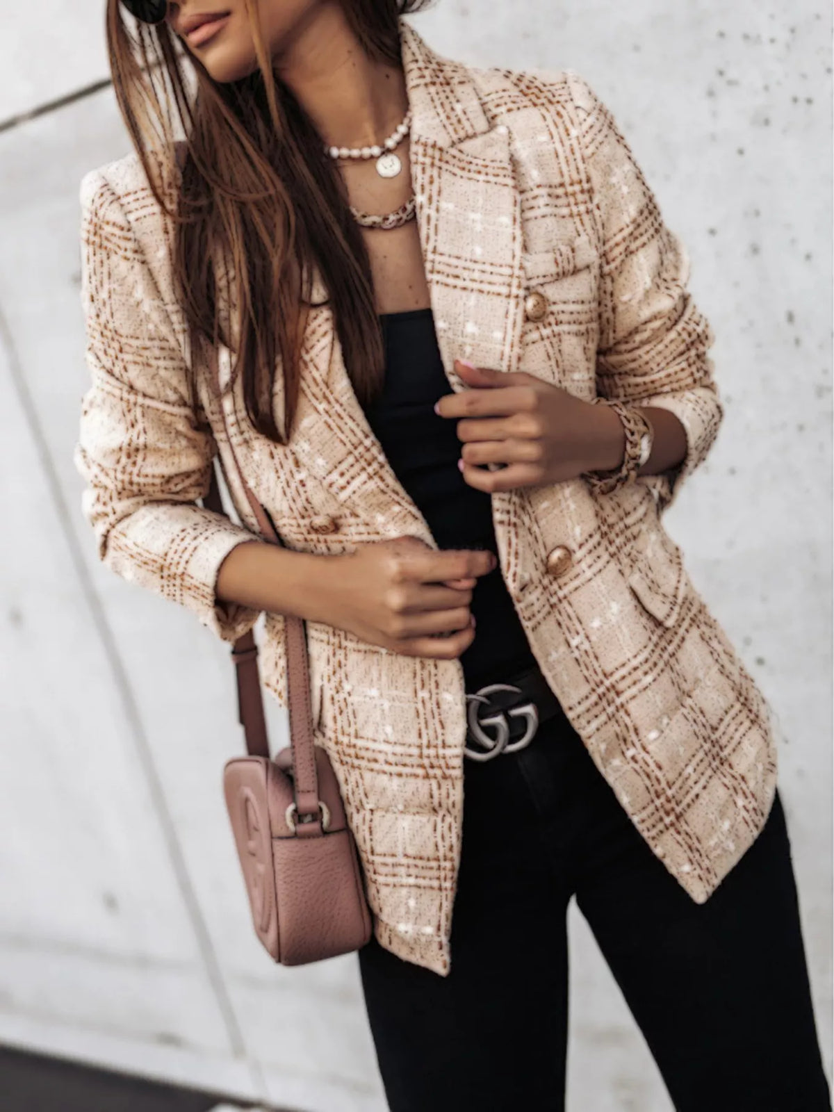 Tan plaid tweed-look double-breasted blazer