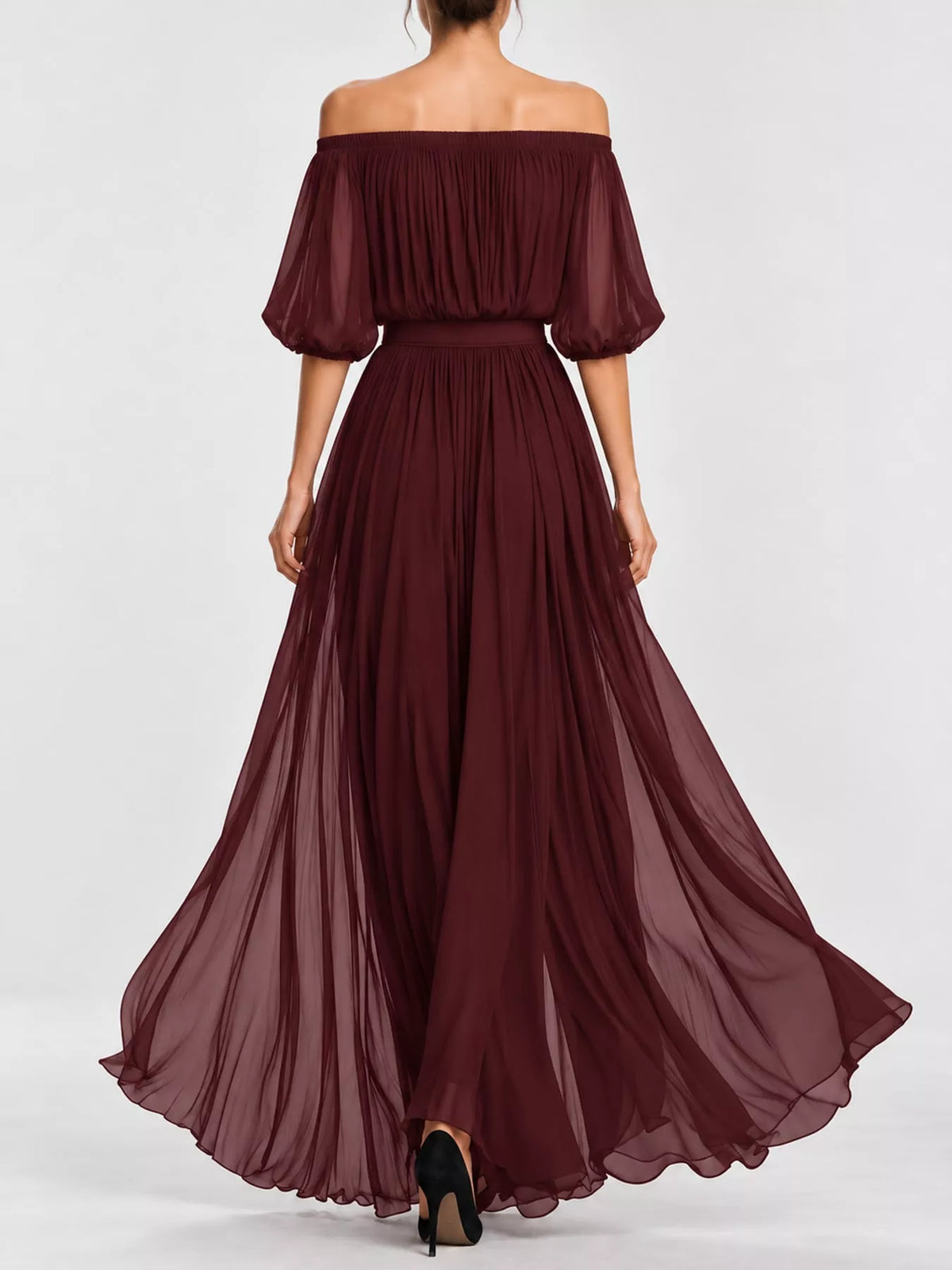 Burgundy off shoulder ruched chiffon maxi dress, back view