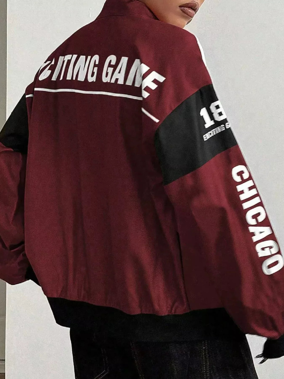 Burgundy and white letter-print zip-front jacket, back view