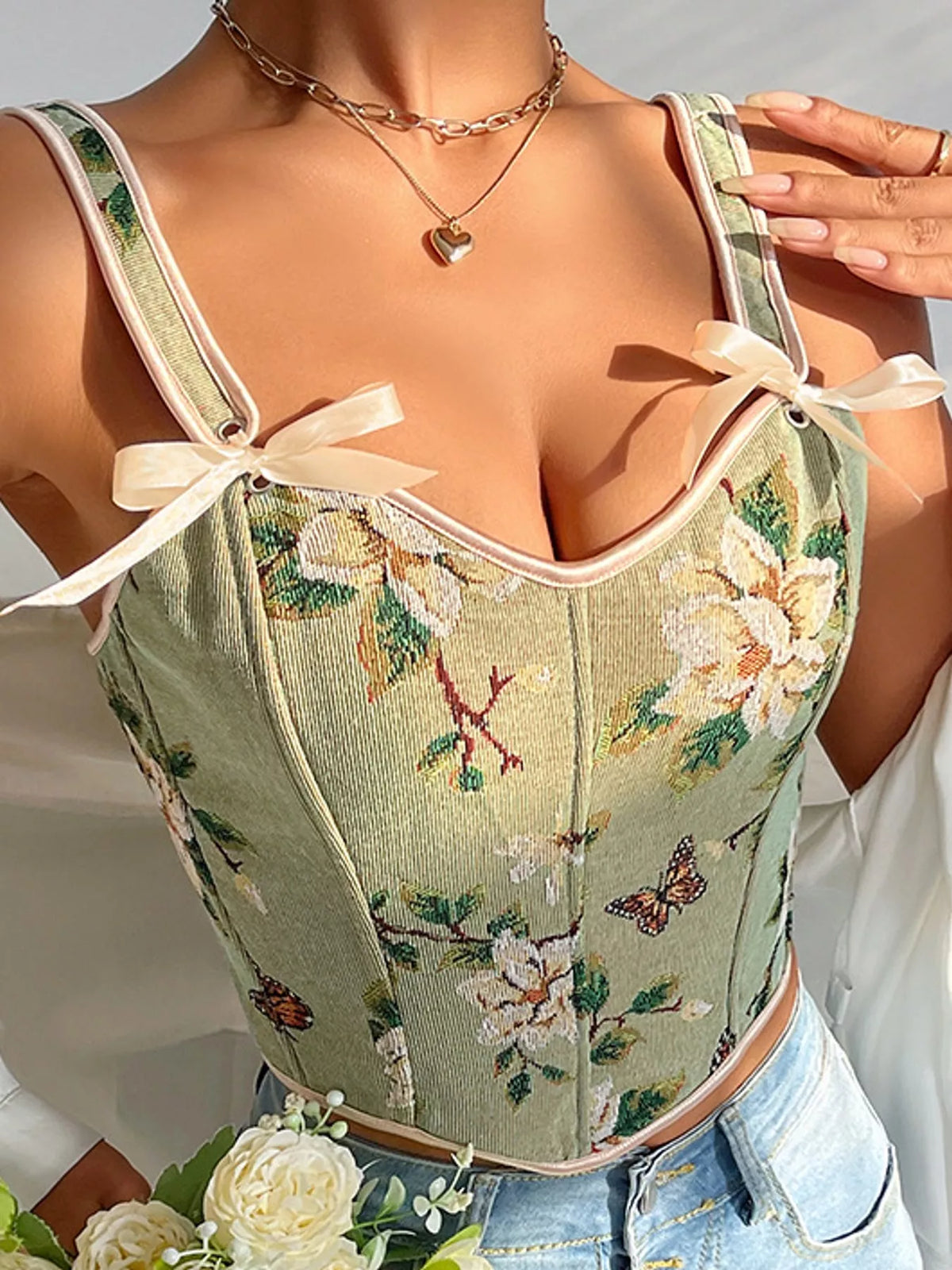 Green floral lace-up back tank