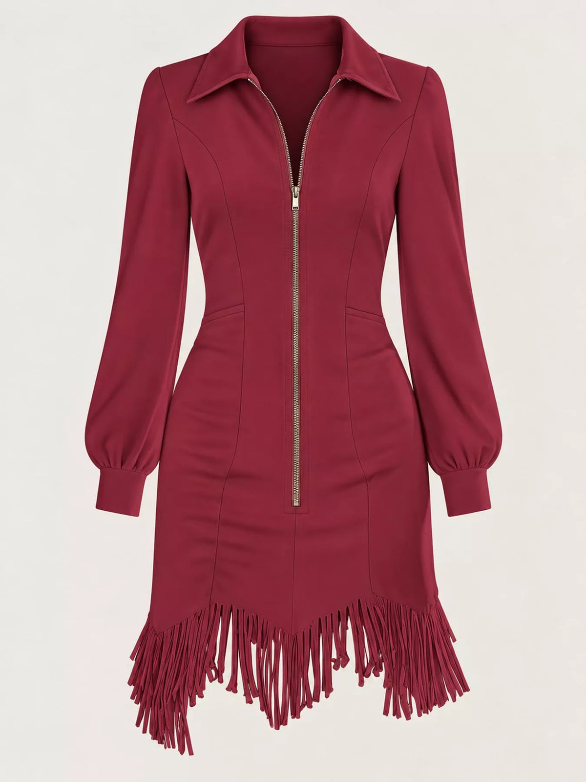 Burgundy zip front long sleeve fringe mini dress, front view