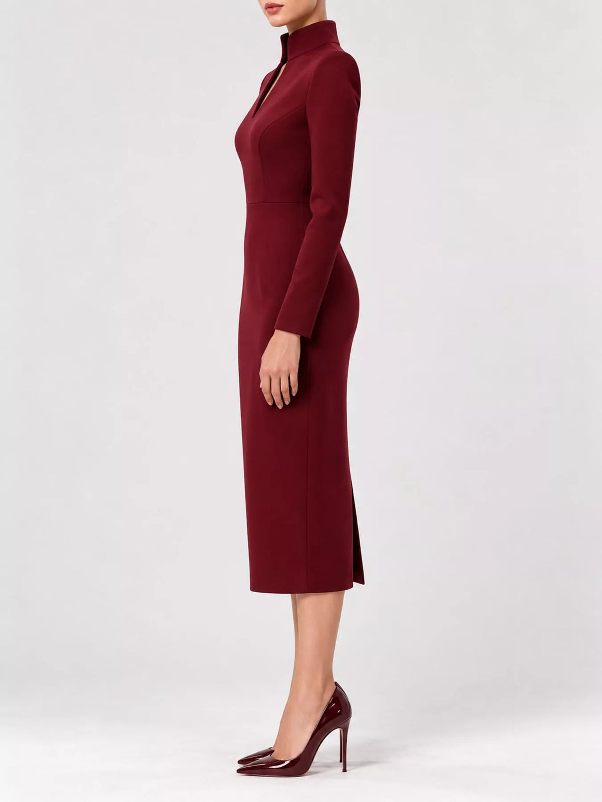 Women's Stand-Collar Long-Sleeve Midi Dress in burgundy — side view
