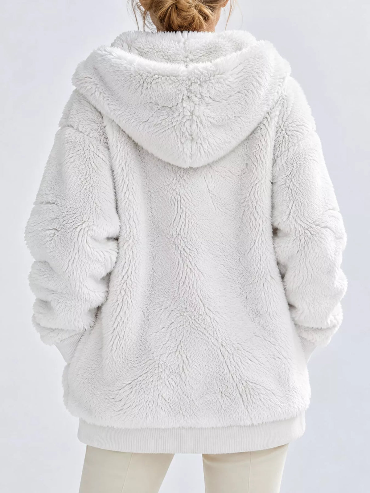 White faux fur zip up hooded jacket, back view