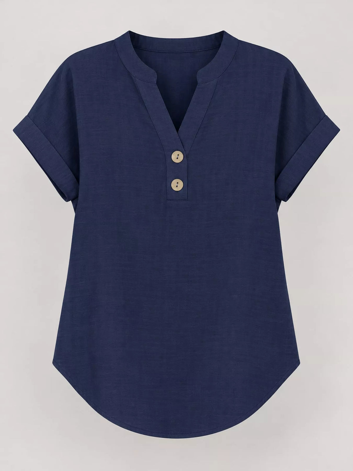 Navy button detail short sleeve blouse, front view