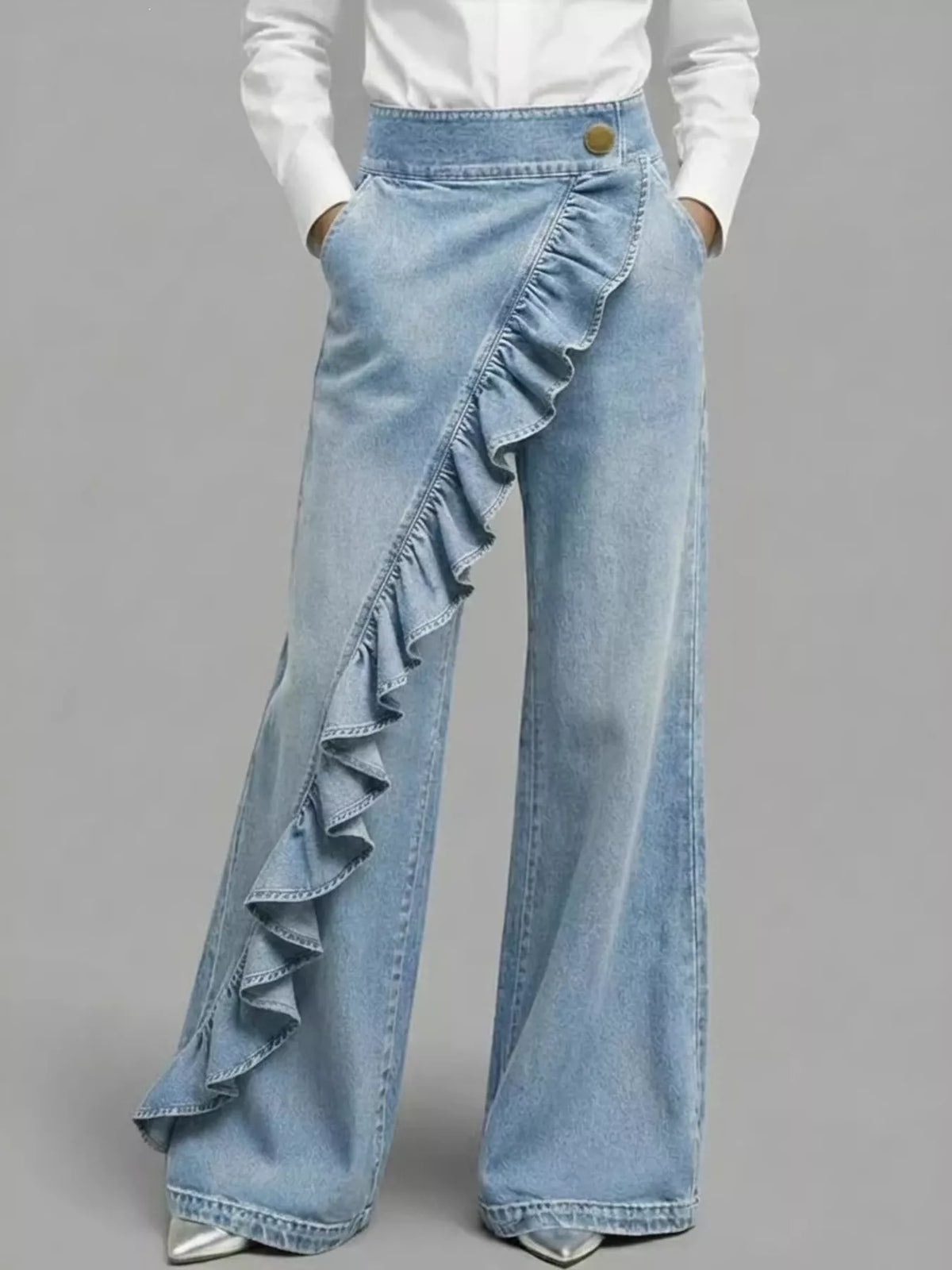 Light blue ruffled wide-leg pants — front view