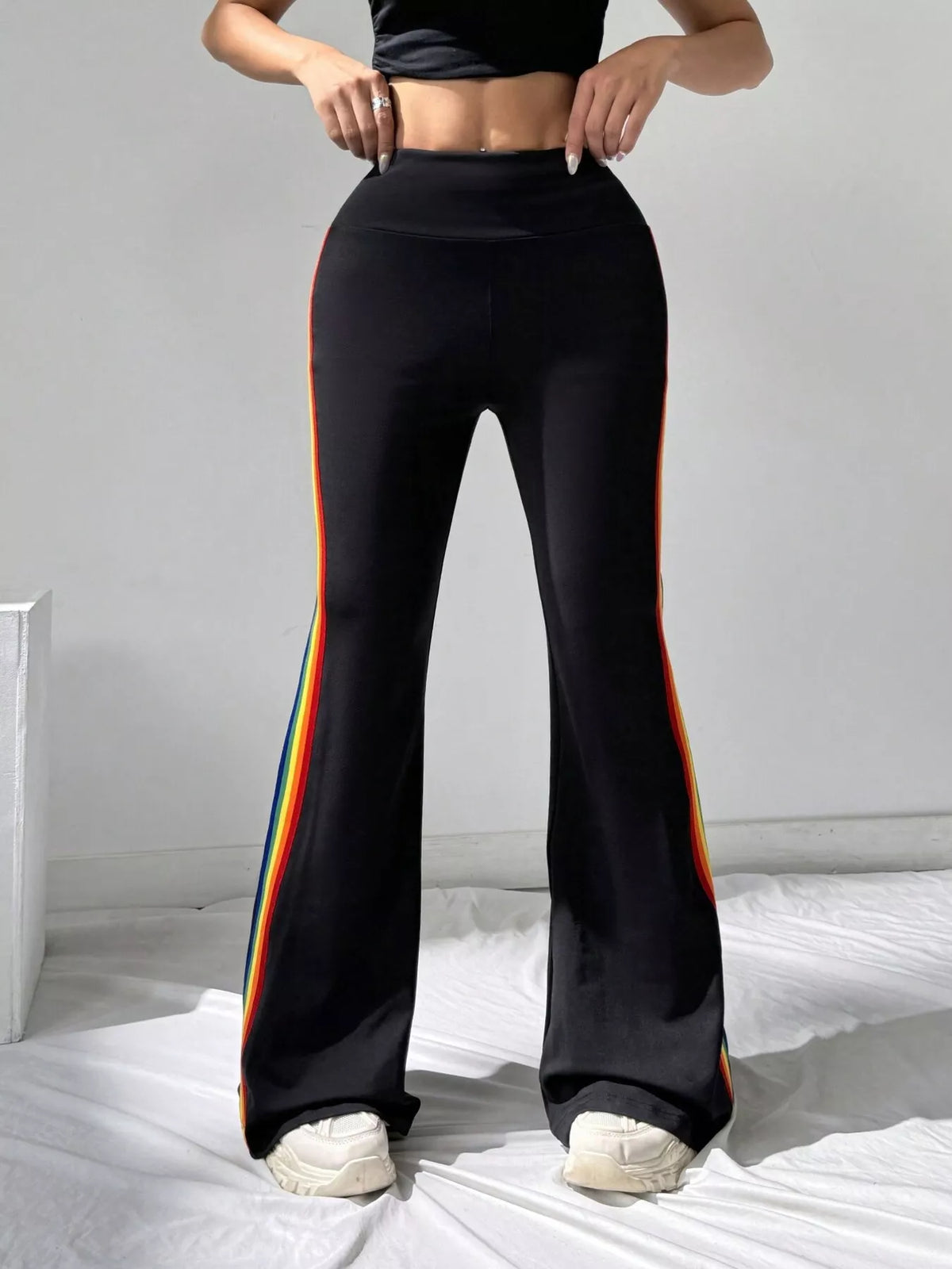 Black and color strips high-waisted side-striped flare active pants