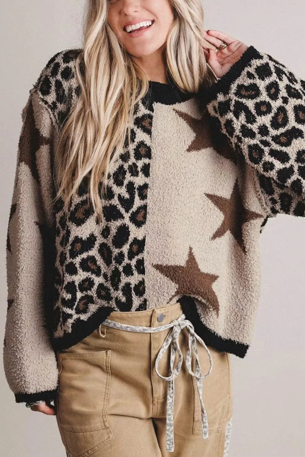 Trendsi Leopard Star Pattern Round Neck Long Sleeve Shift Sweater -