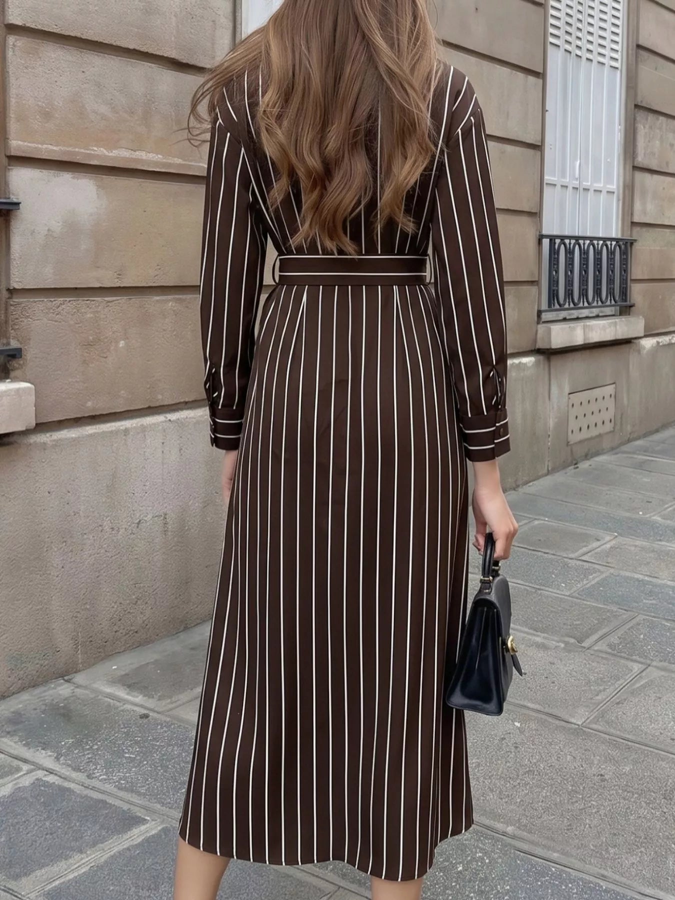 Trendsi Striped Long Sleeve Belted Shirt Dress -