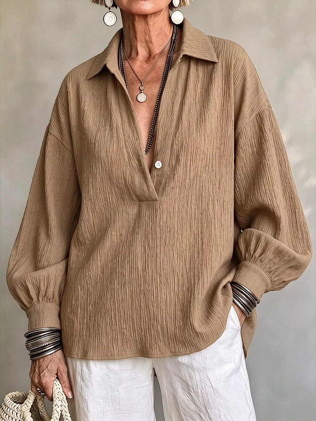 Women's Textured Lantern Sleeves Blouse in camel — front view