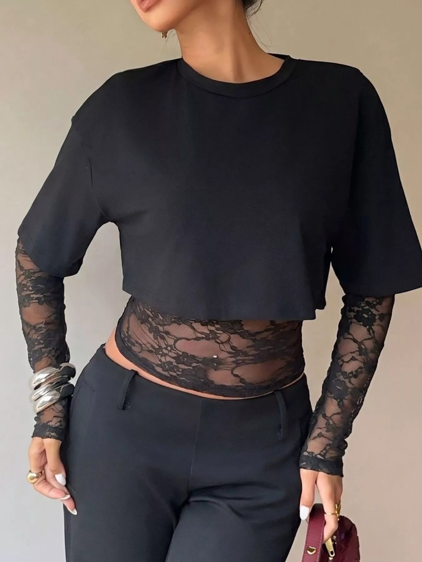 Trendsi Lace Patchwork Short Sleeve T-Shirt -