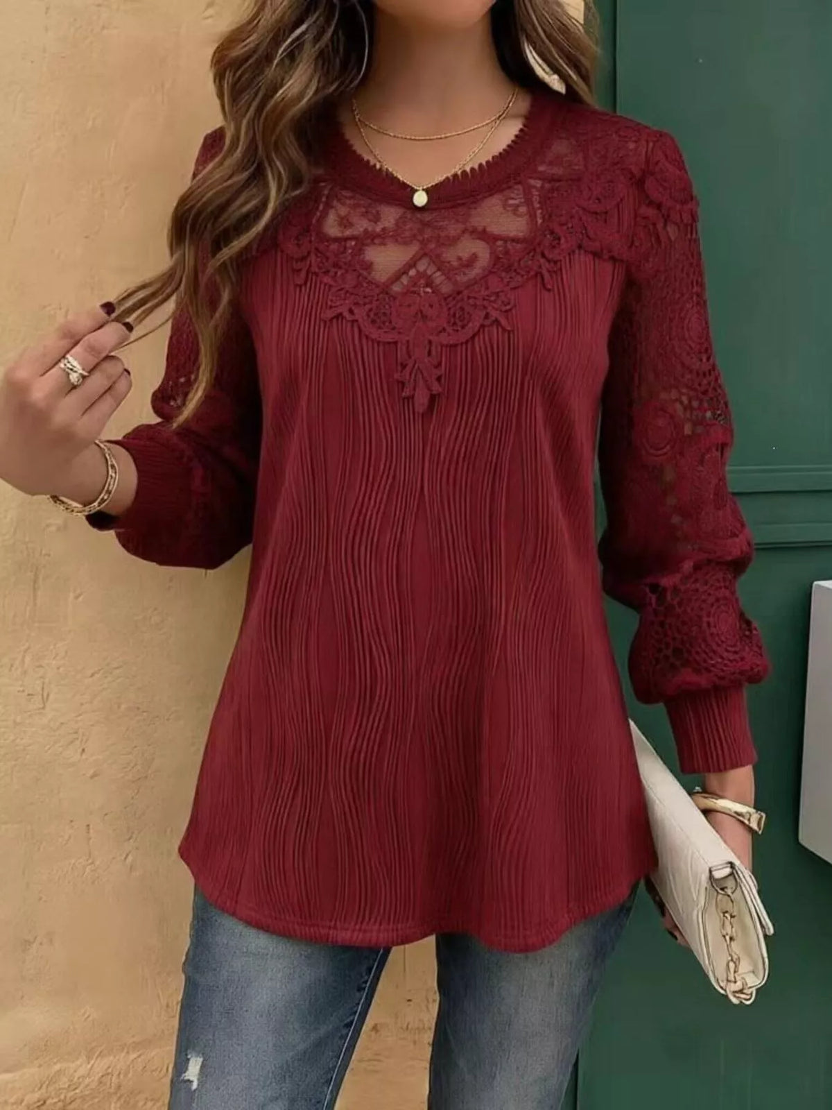 Burgundy lace patchwork long sleeve blouse