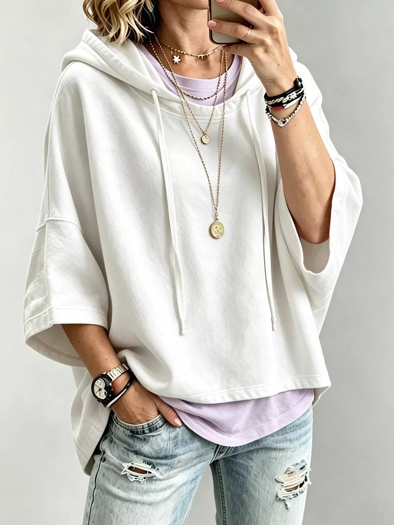 Trendsi Drawstring 3/4 Sleeve Hoodie -