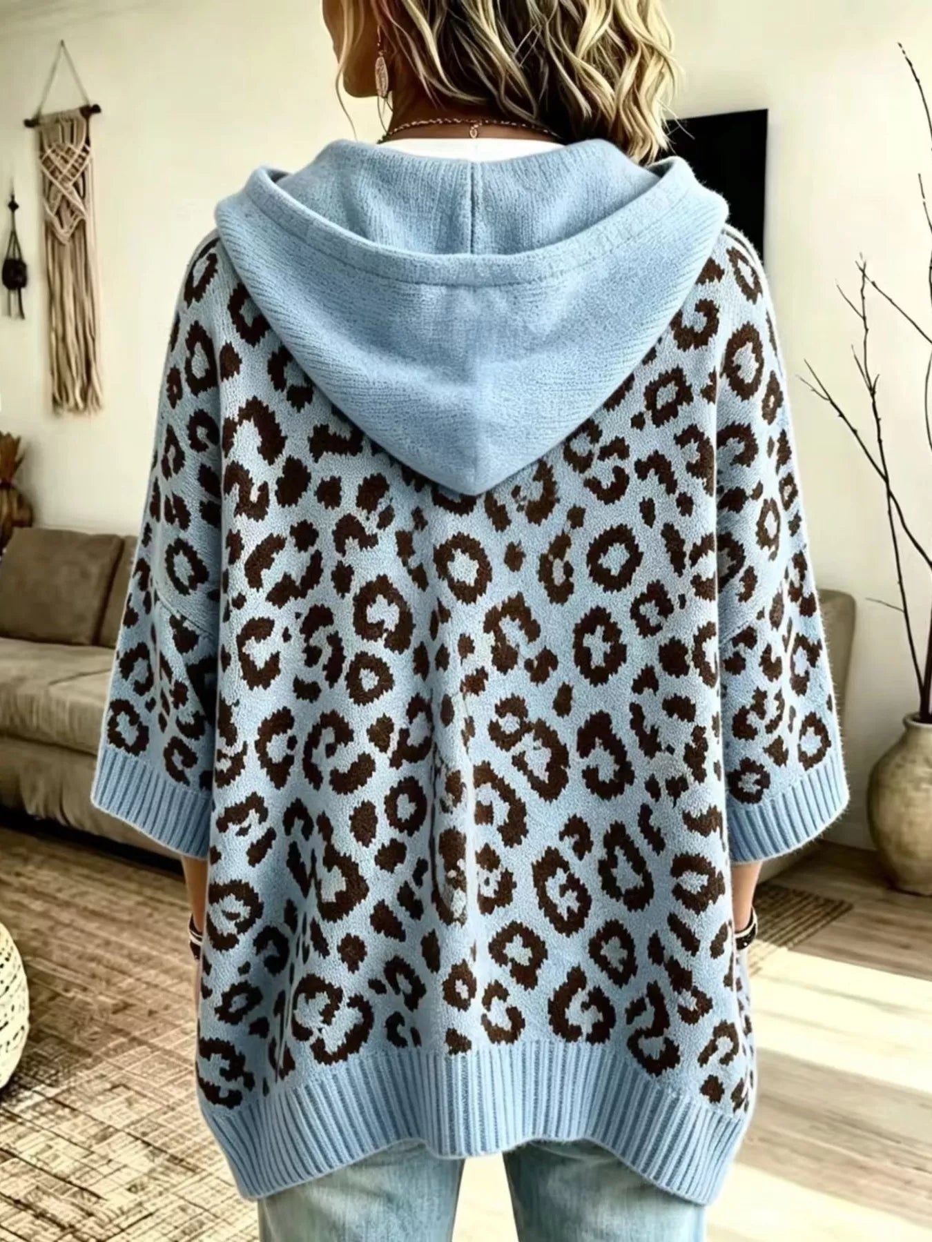 Trendsi Drawstring Leopard Hooded Sweater -