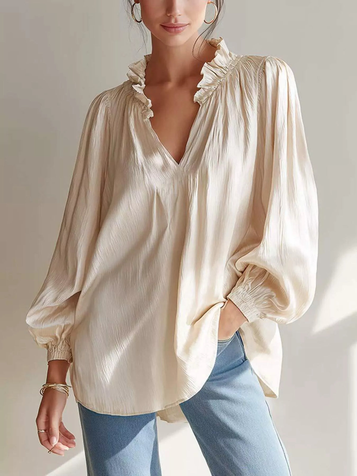 Trendsi Ruffle Trim Long Sleeves Blouse -
