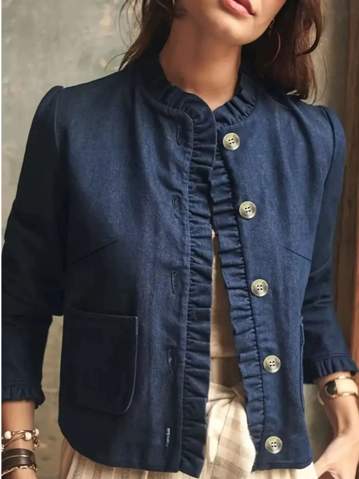 Ruffle-Trim Button-Up Denim Jacket — front view
