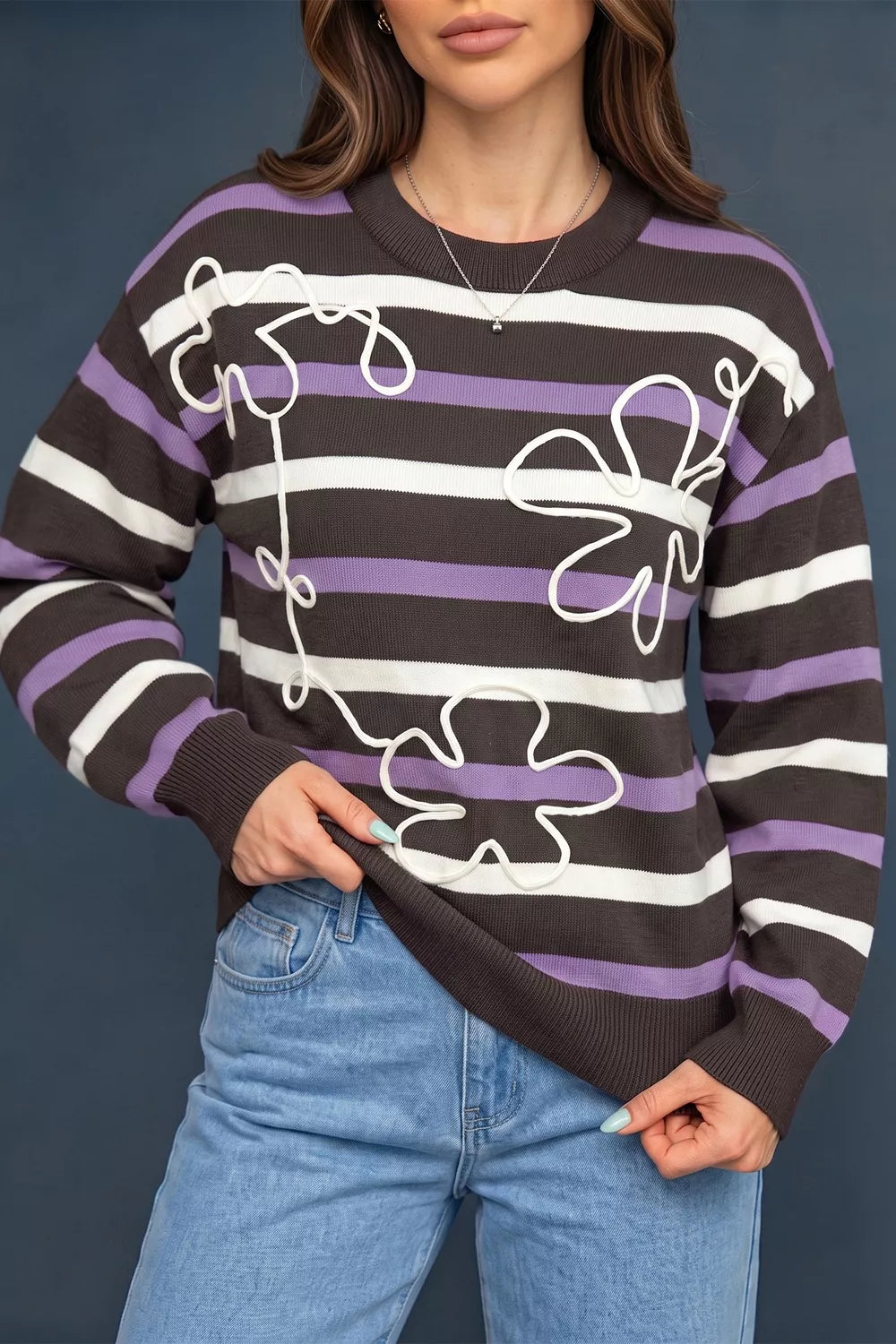 Trendsi Stripe Embroidered Detail Drop Shoulder Sweater -