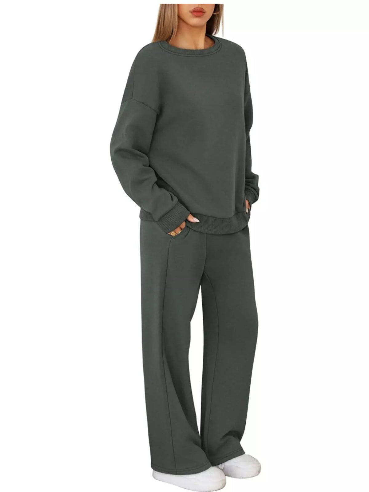 Crewneck Drop Shoulder Sweatshirt and Wide-Leg Pants Set — front view