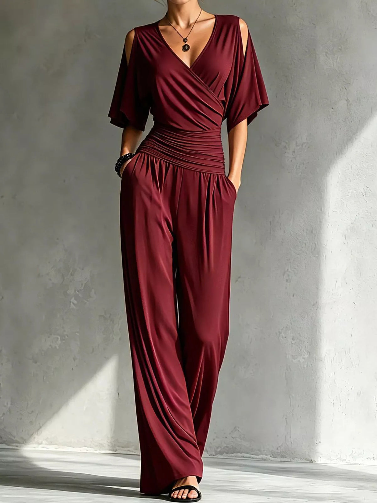 Cold Shoulder Wide-Leg Jumpsuit — front view