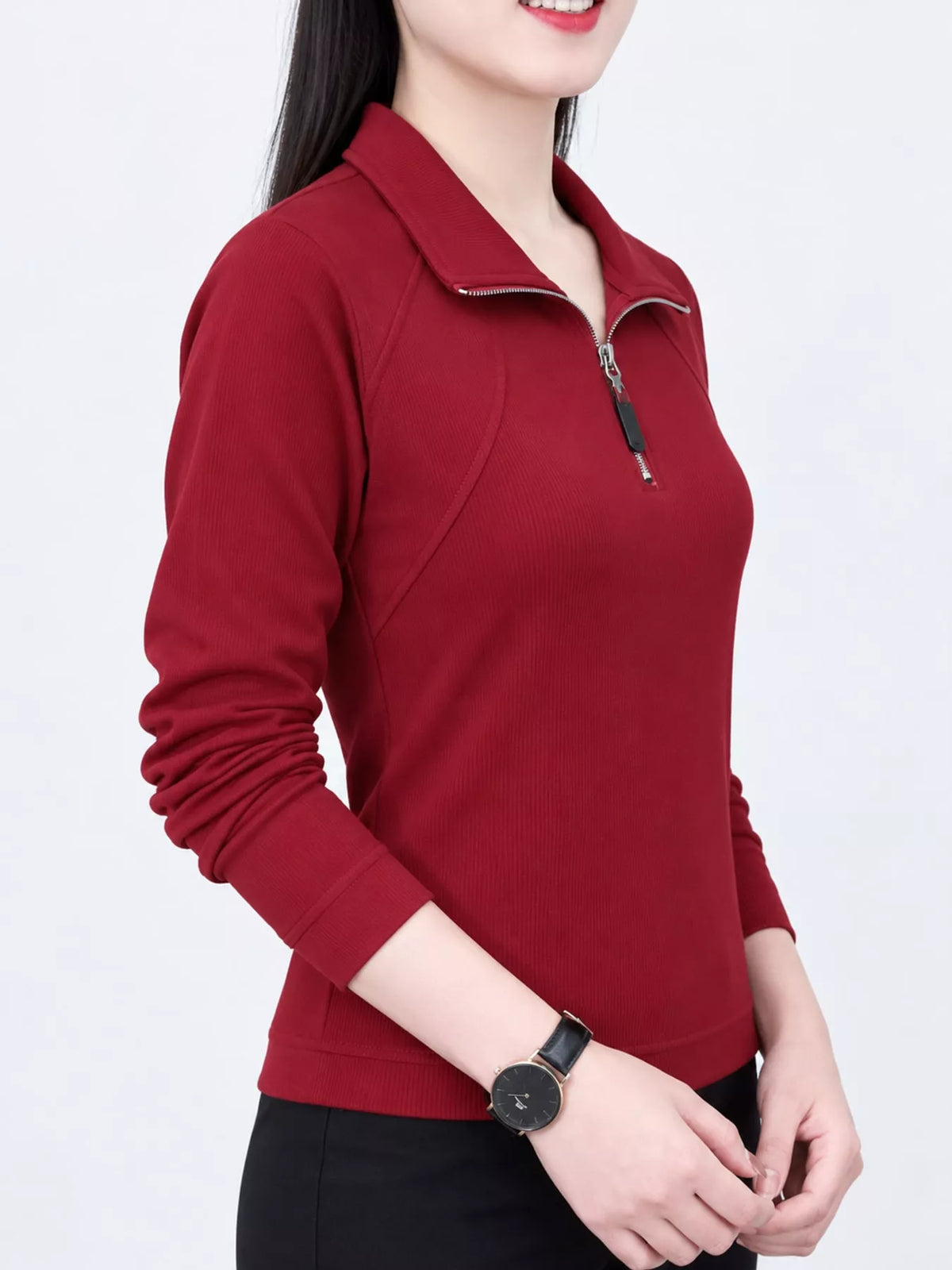 Quarter-zip ribbed top, red side