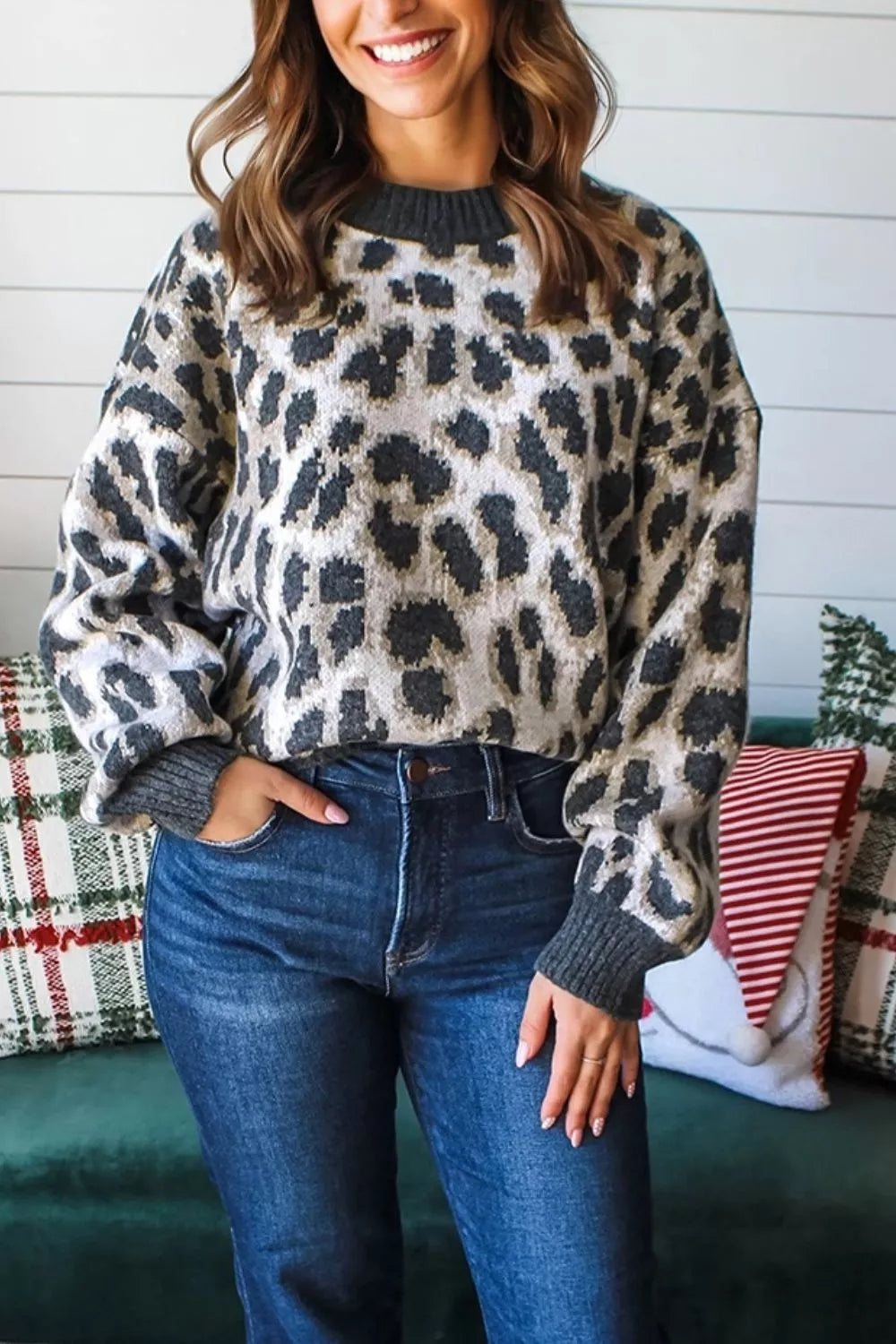 Trendsi Leopard Drop Shoulder Baggy Sweater -