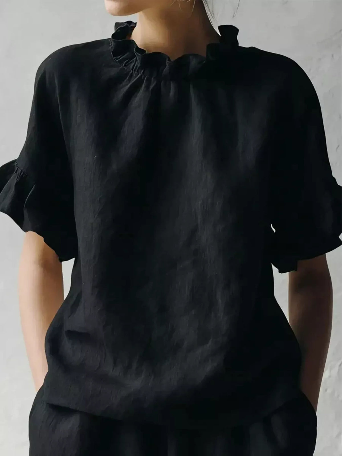 Black Ruffle-Neck Short Sleeve Blouse, front view