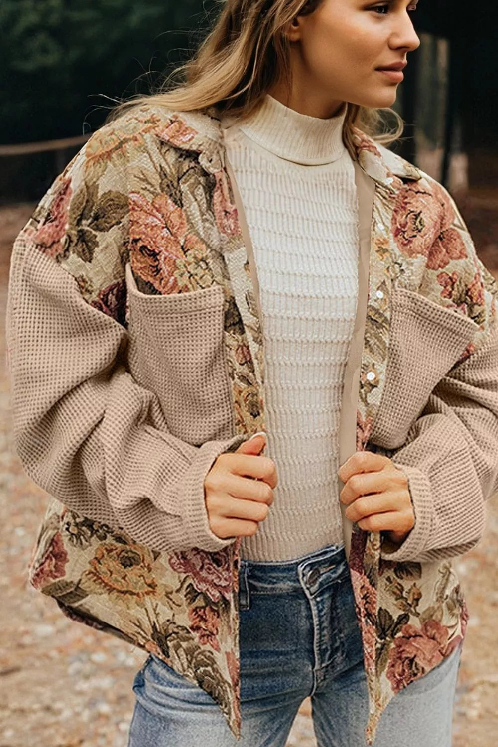 Trendsi Floral Button Up Long Sleeve Shacket -