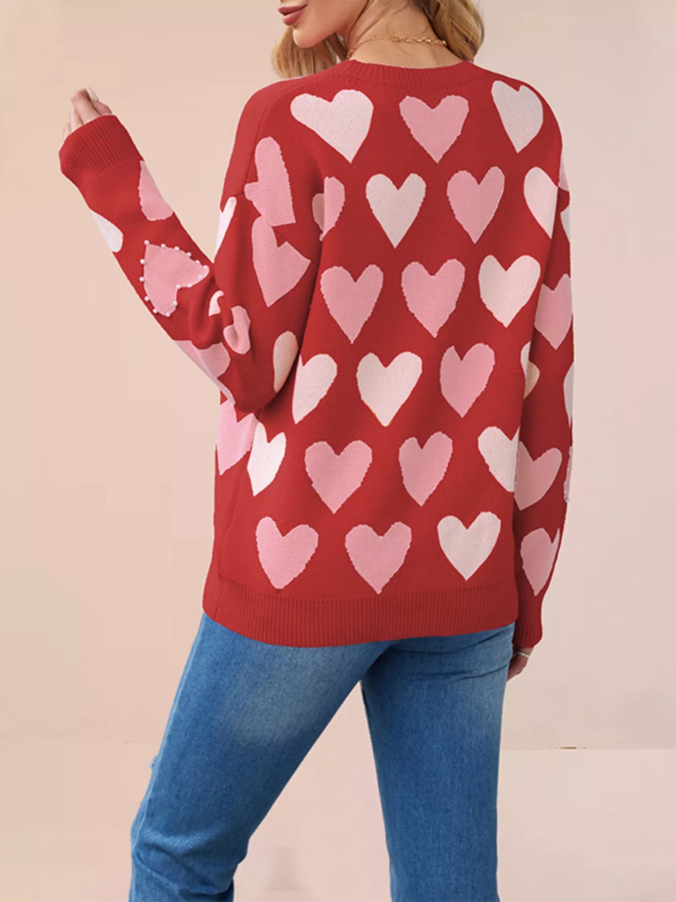 Trendsi Heart Pattern Pearl Embellishments Sweater -