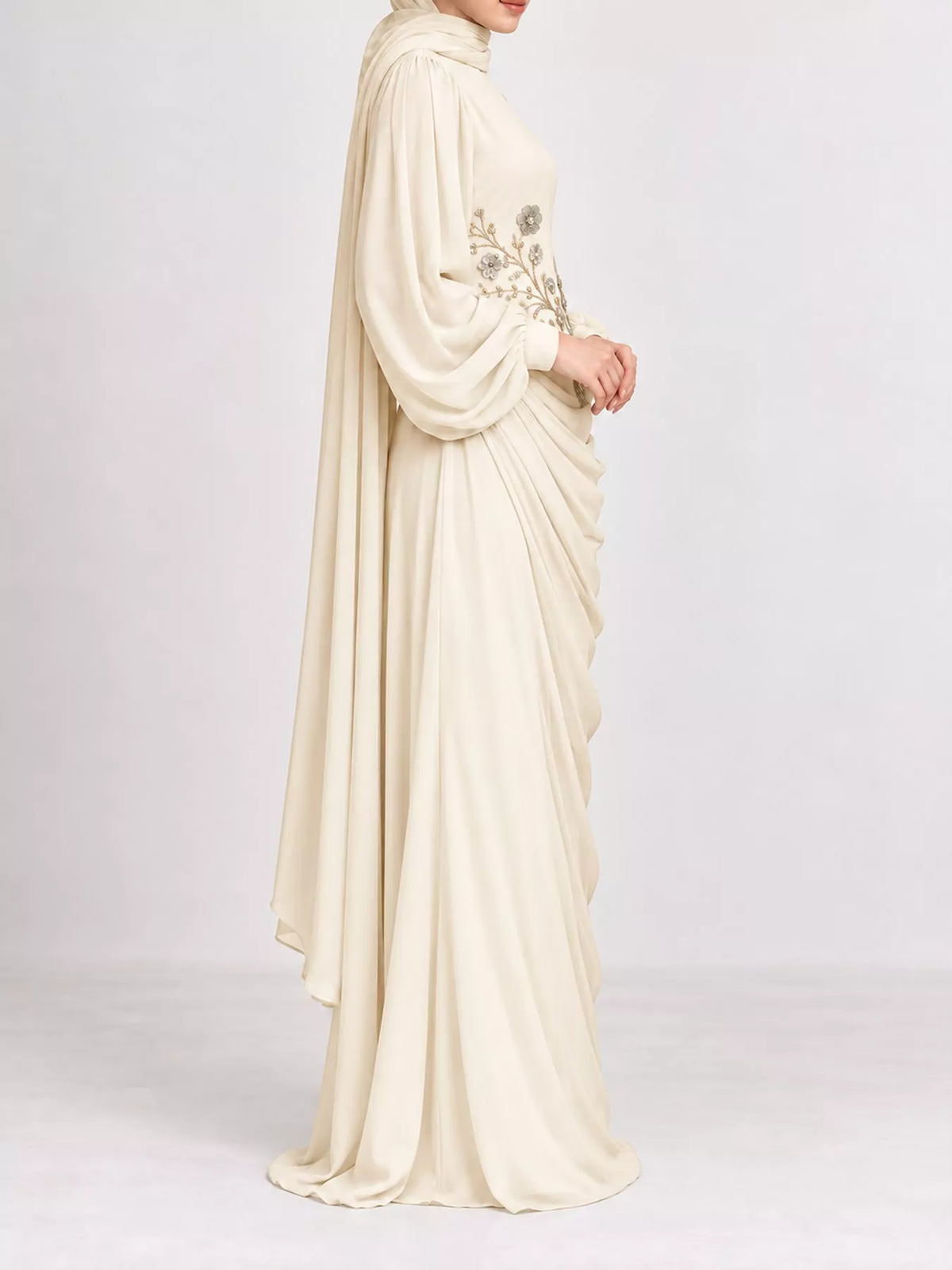 Cream floral detail long sleeve maxi dress, side view