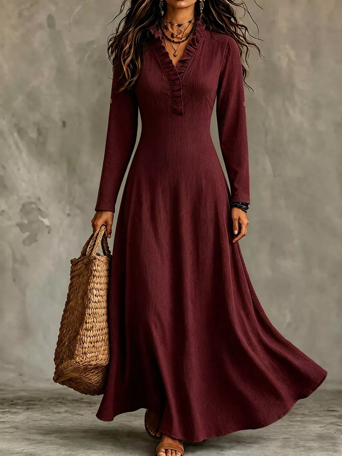 Frill-trim maxi dress, burgundy front