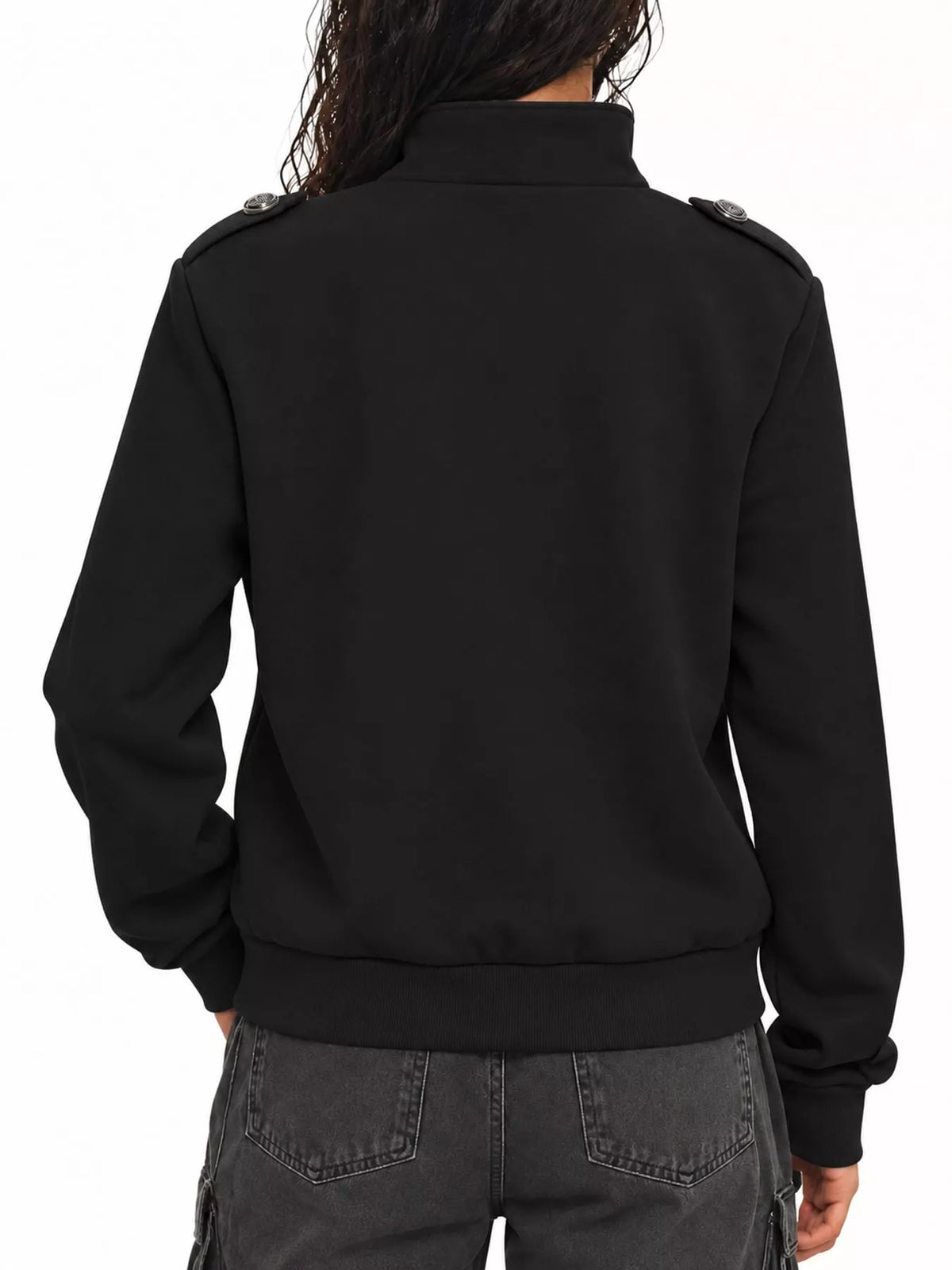 Black zip up long sleeve jacket, back view