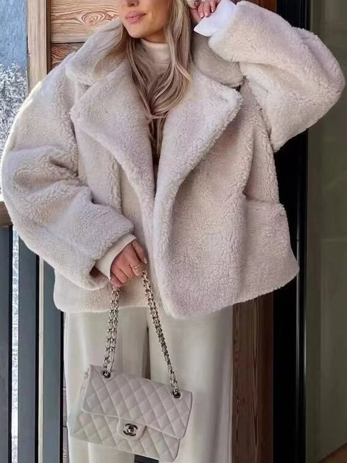 Collared long sleeve jacket, front view on model