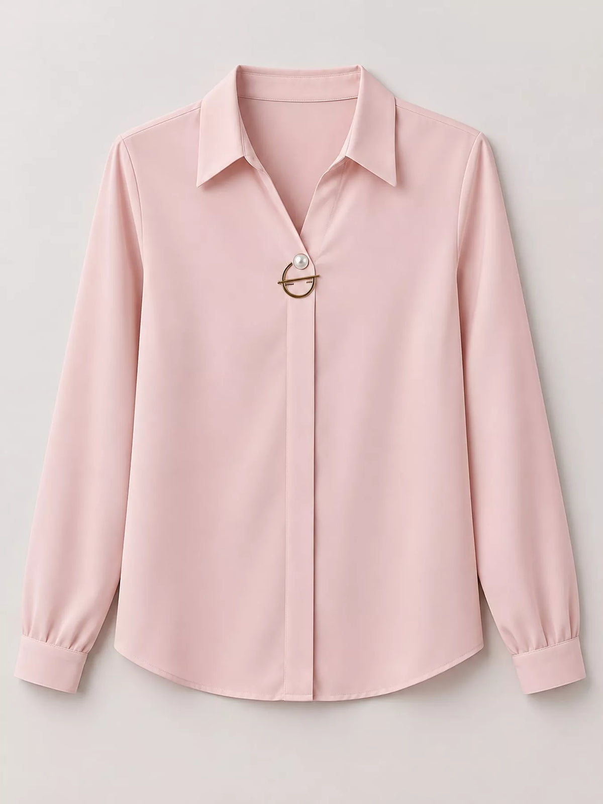 Women's Collared Clasp Detail Long Sleeve Satin Blouse in pale pink — flat lay view