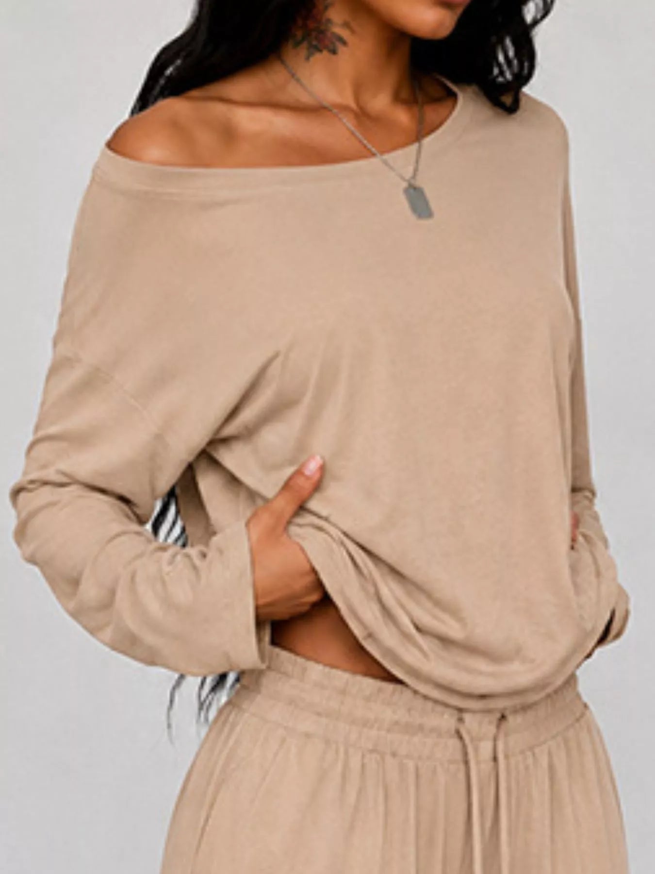 Trendsi Full Size One-Shoulder Top and Drawstring Pants Set Plus Size -