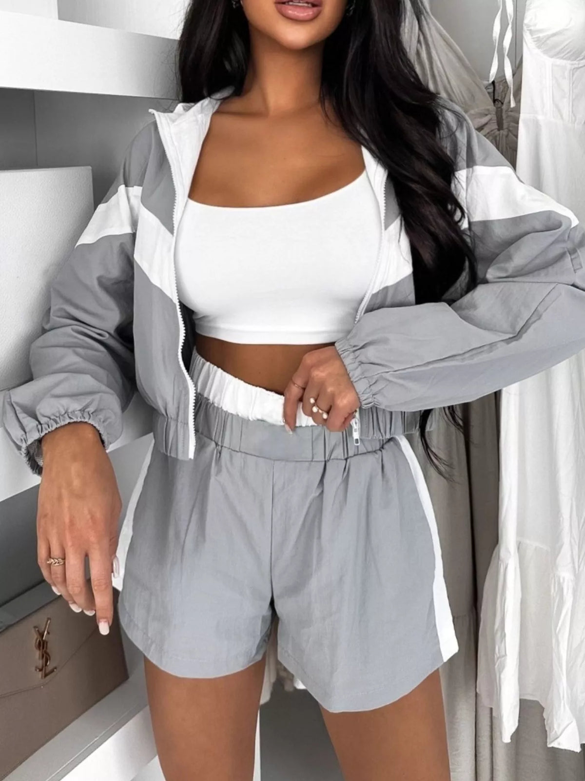 Trendsi Color Block Zip-Up Jacket and Shorts Two-Piece Set -