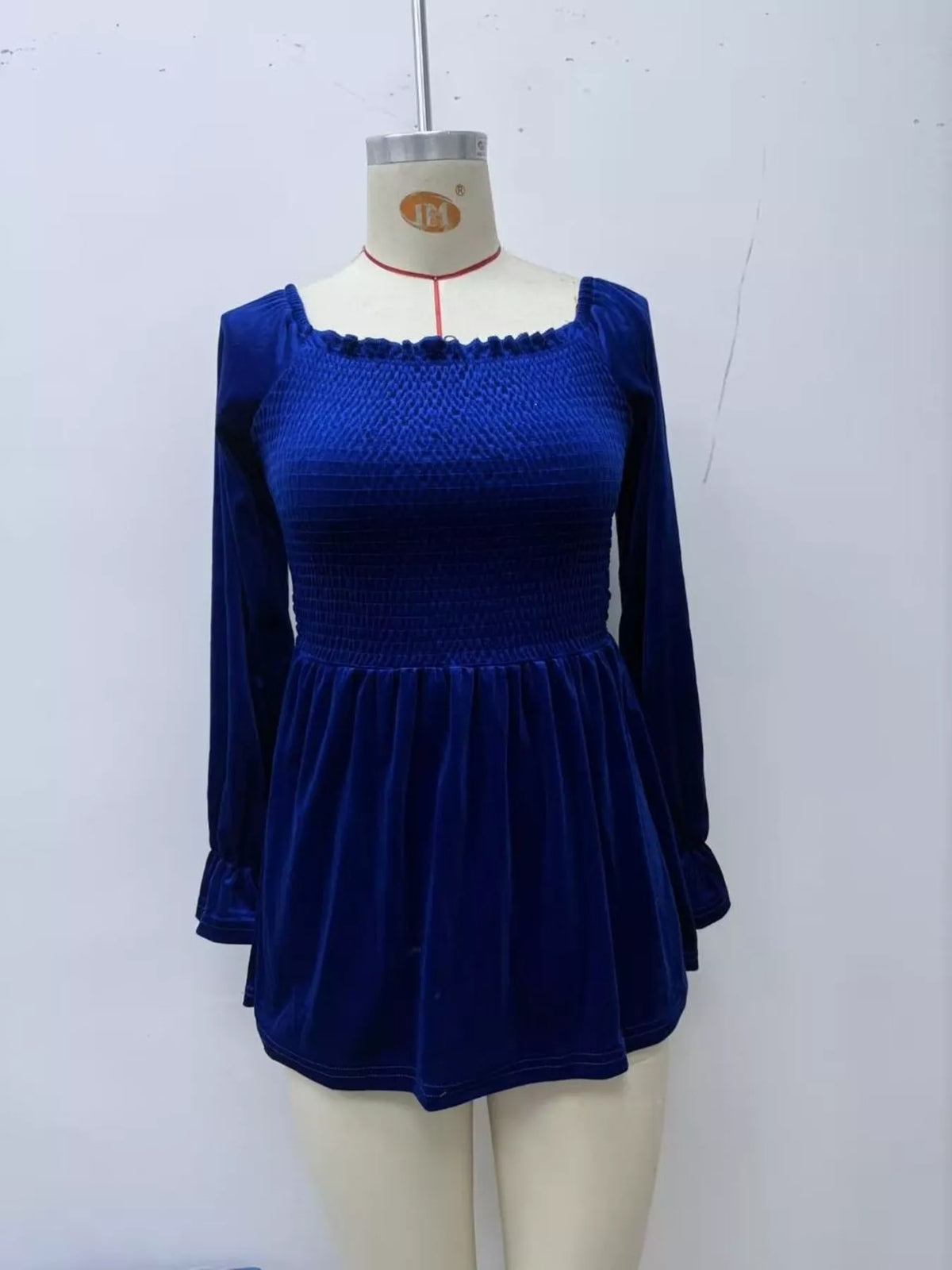 Women's Velvet Smocked Peplum Blouse in Indigo, alternate view