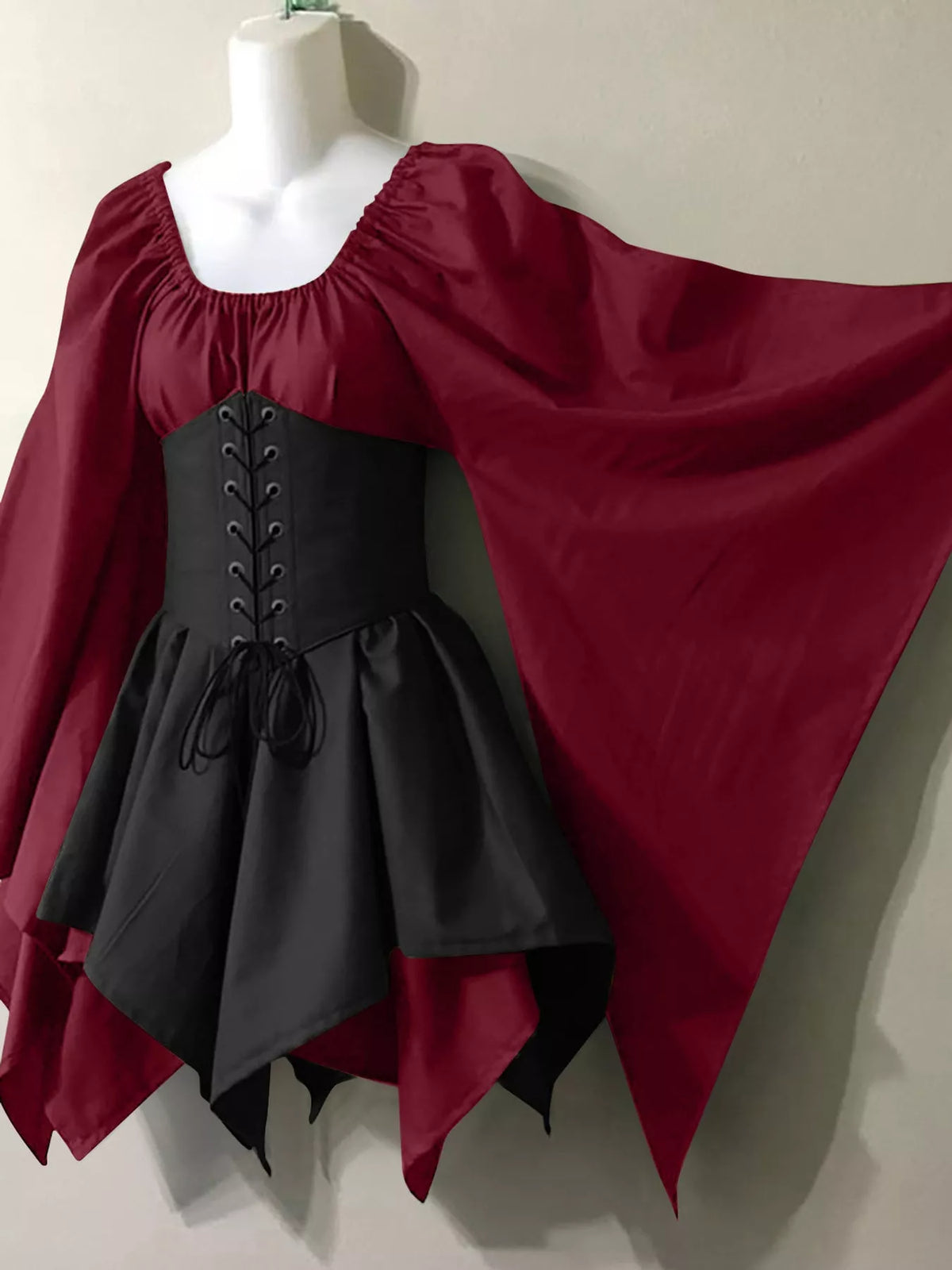 Lace-up asymmetric dress, burgundy black front