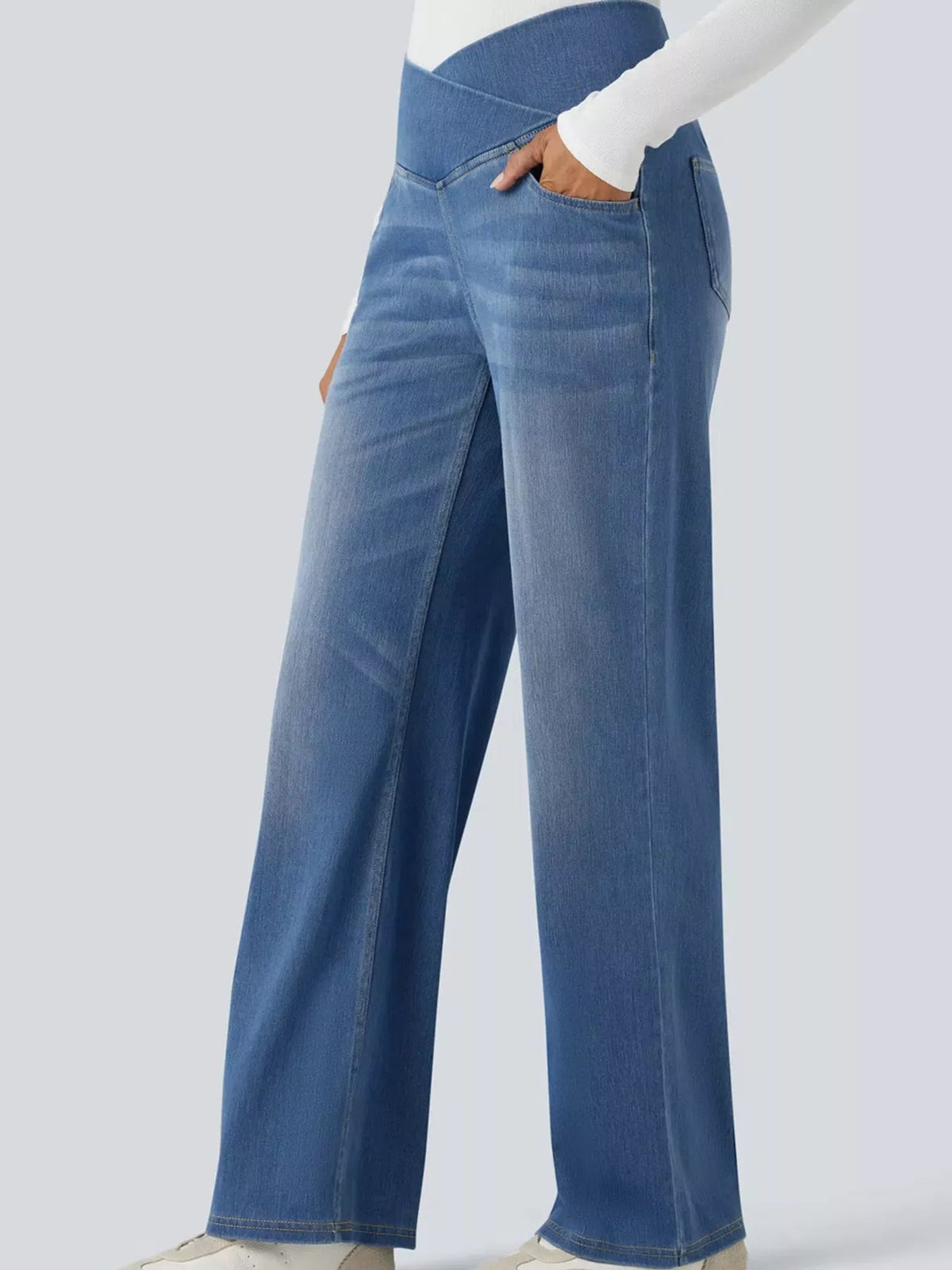 High-Waisted Crossover Straight-Leg Jeans, side view