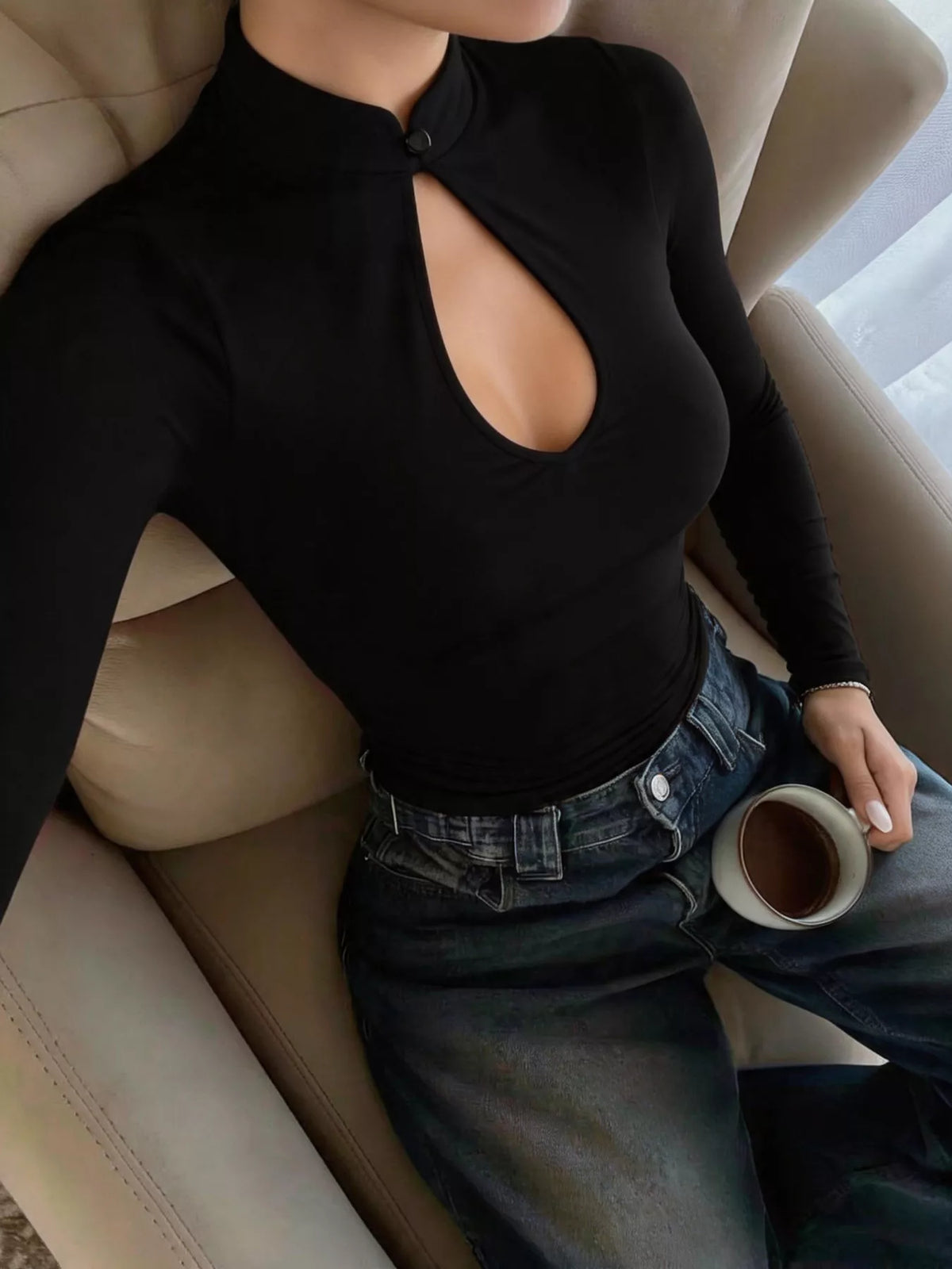 Long-Sleeve Keyhole Cutout Slim-Fit T-Shirt in black, front view