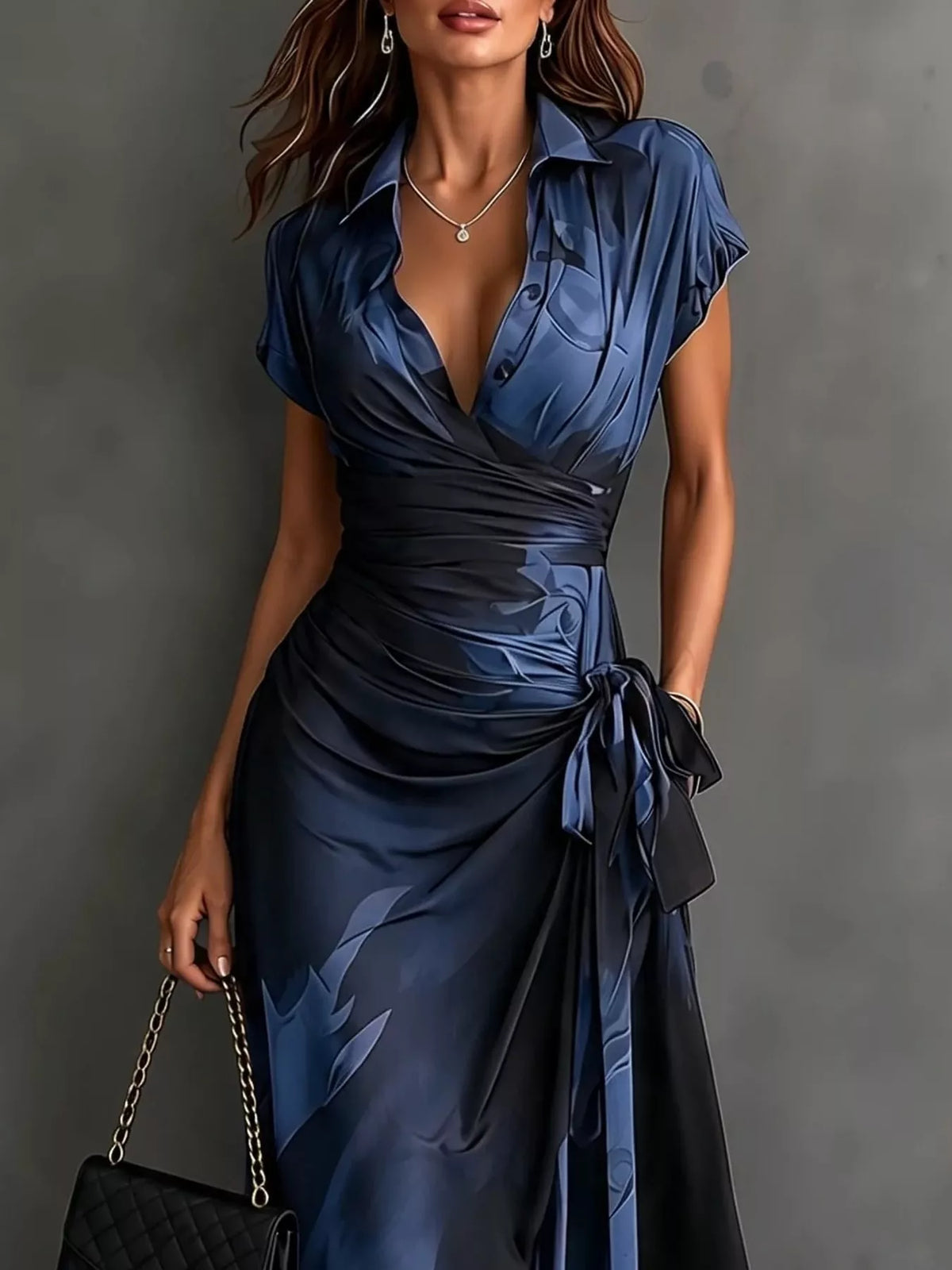 Blue and black tie-detail surplice dress