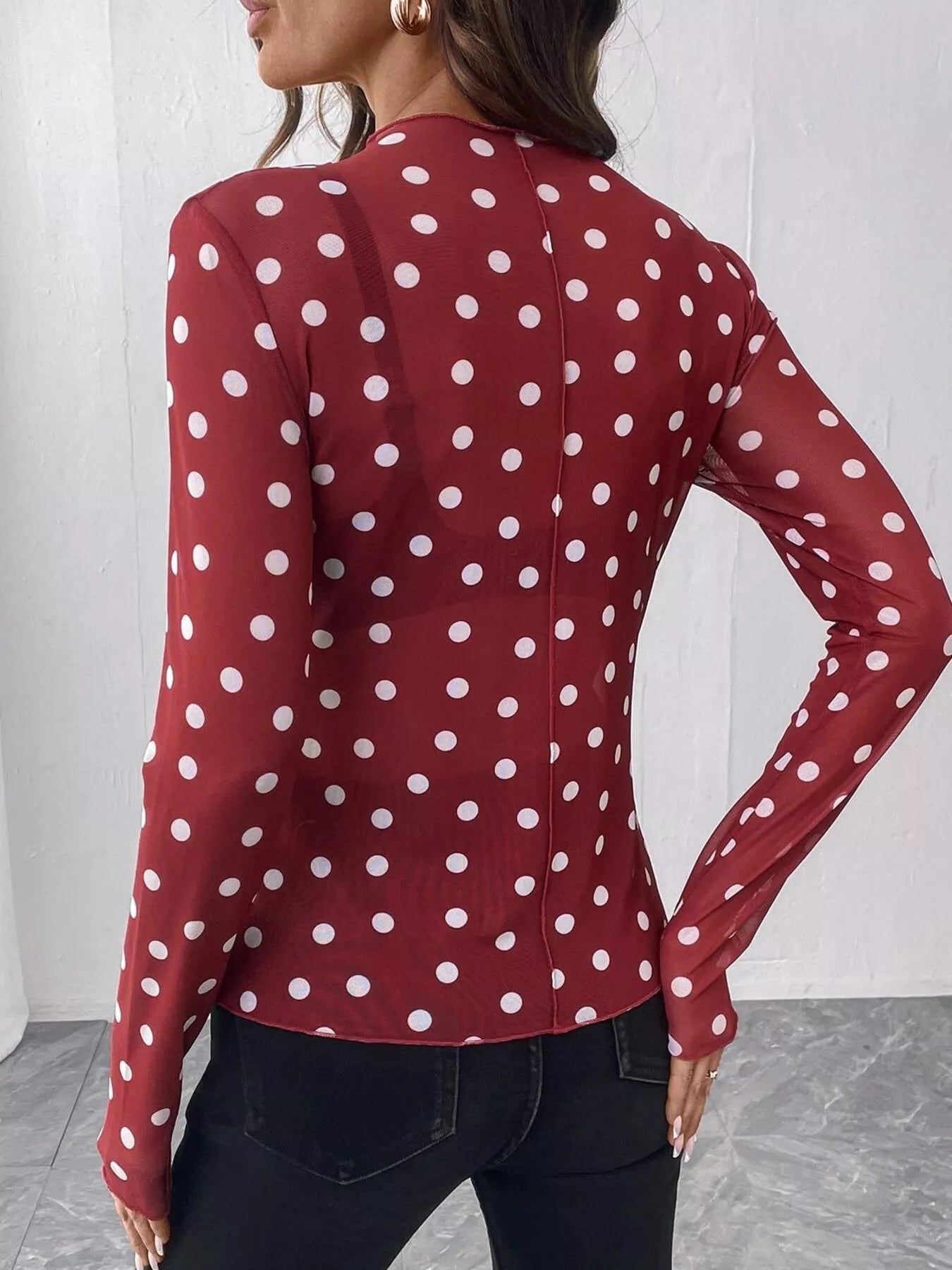 Trendsi Sheer Polka Dot Long Sleeve Mock Neck Top -