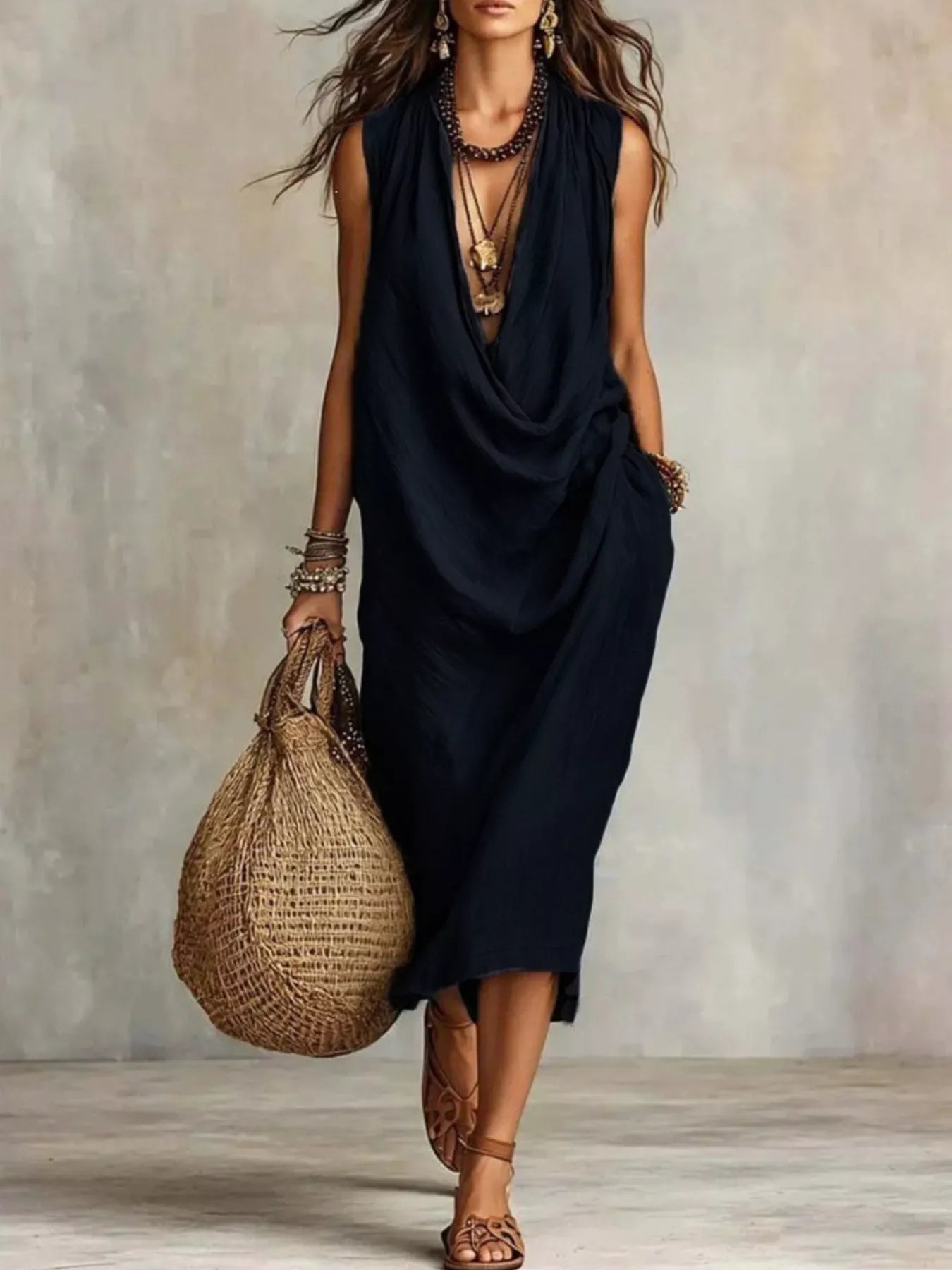 Trendsi Full Size Cowl Neck Sleeveless Midi Dress Plus Size -