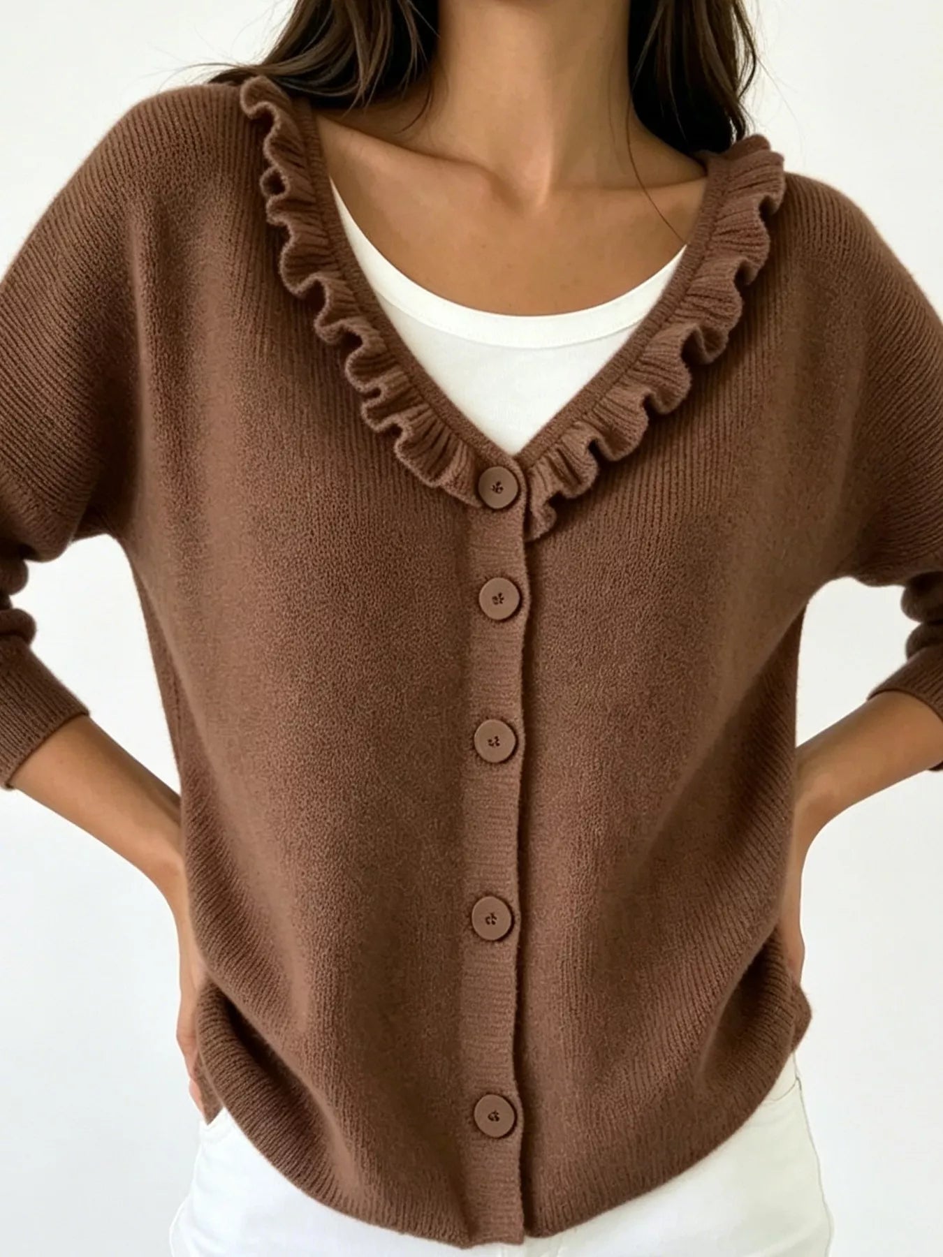Trendsi Ruffled Neckline Button-Up Cardigan -