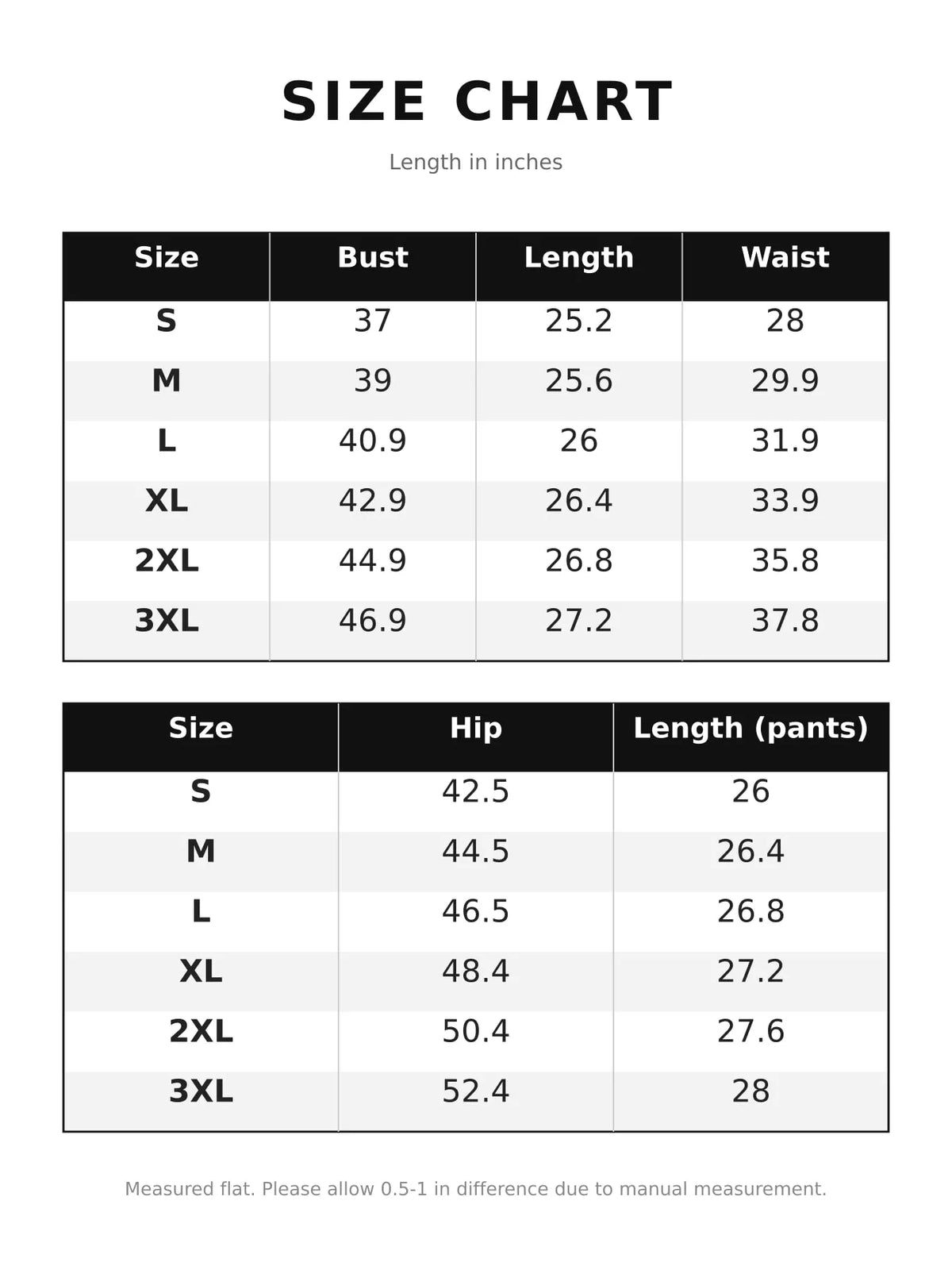 Size chart for sleeveless top and bermuda shorts set