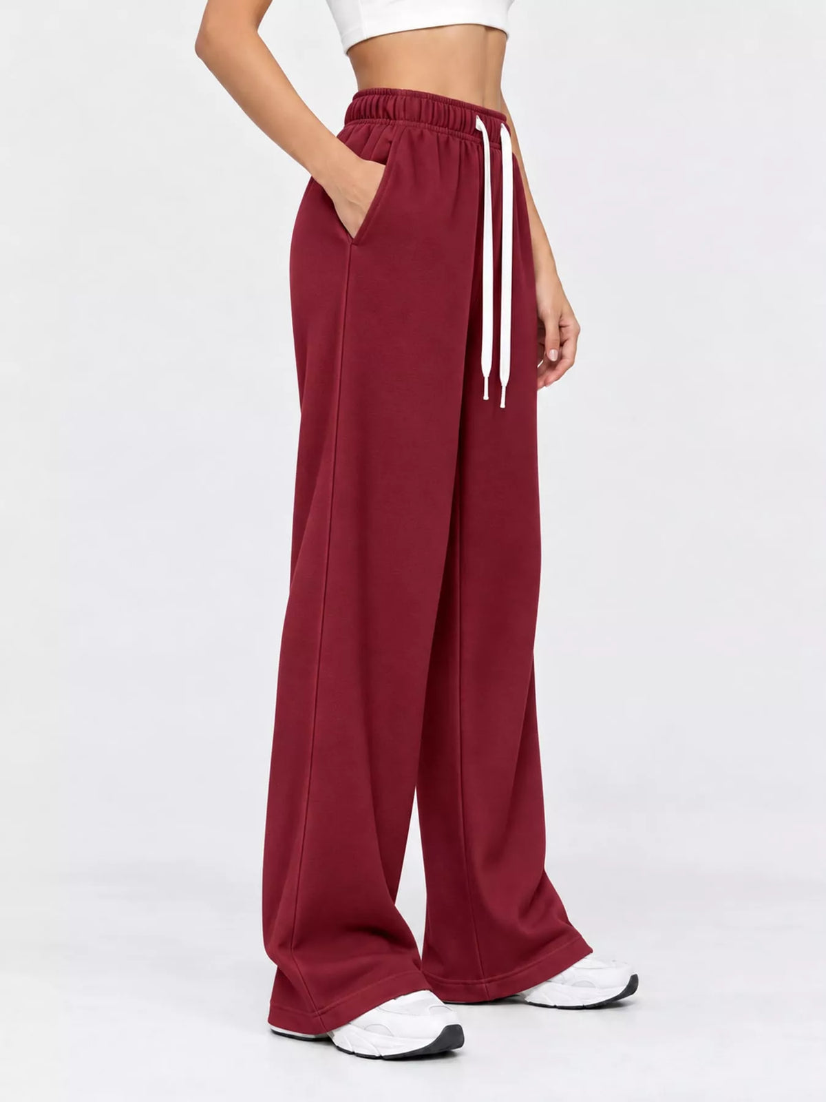 Wine Red wide-leg pants with drawstring
