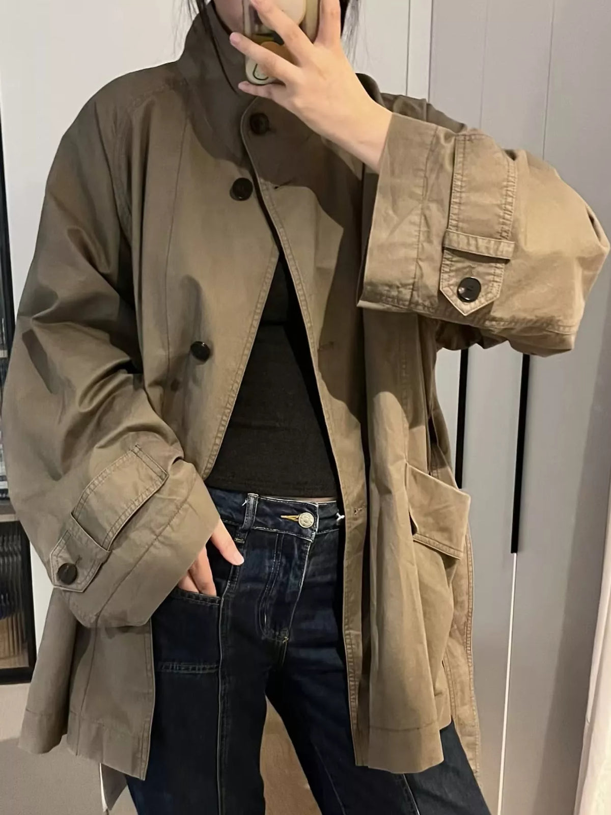 Vintage Style Stand-Collar Belted Utility Jacket, detail view in khaki